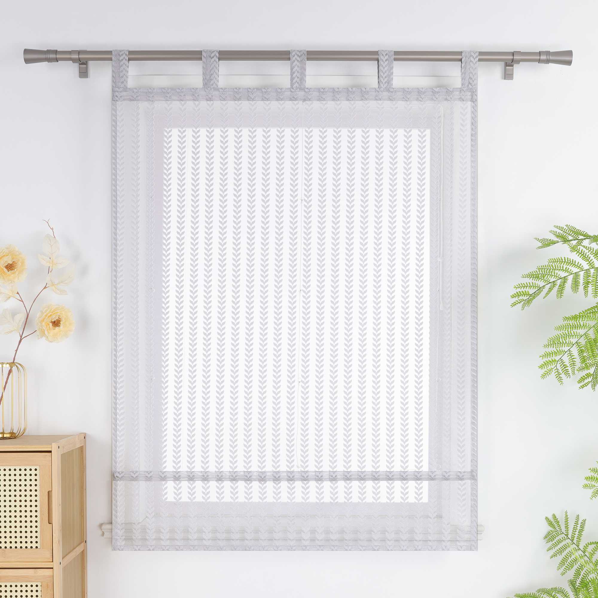 Roman Shade Sheer with Cutout Leaf Pattern and Tab-Top Hanging - White, W x H 60 x 140cm