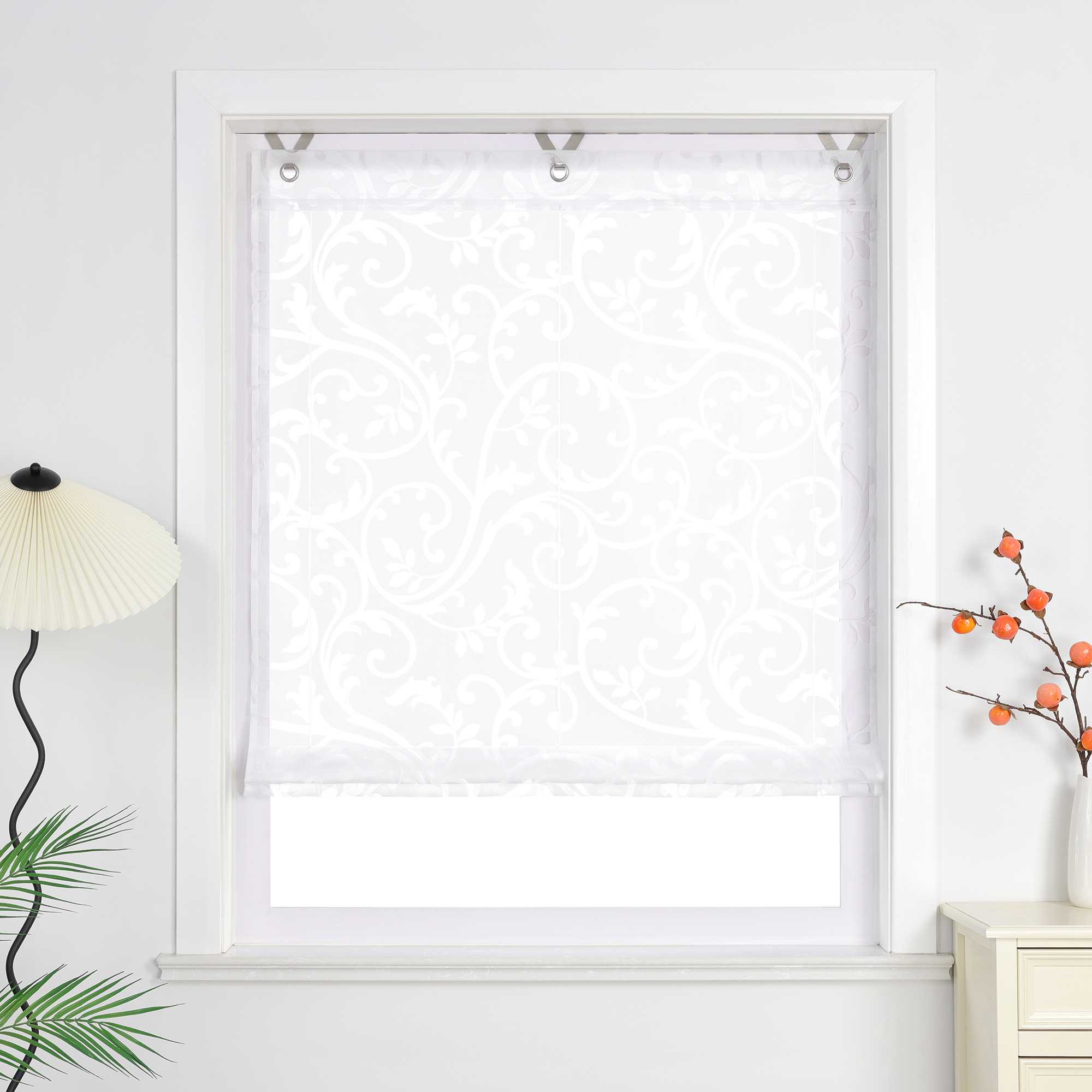 Roman Shade with V-Shaped Tabs Sheer Burnout Technique Floral Pattern 1 Piece - White, W x H 45 x 130cm