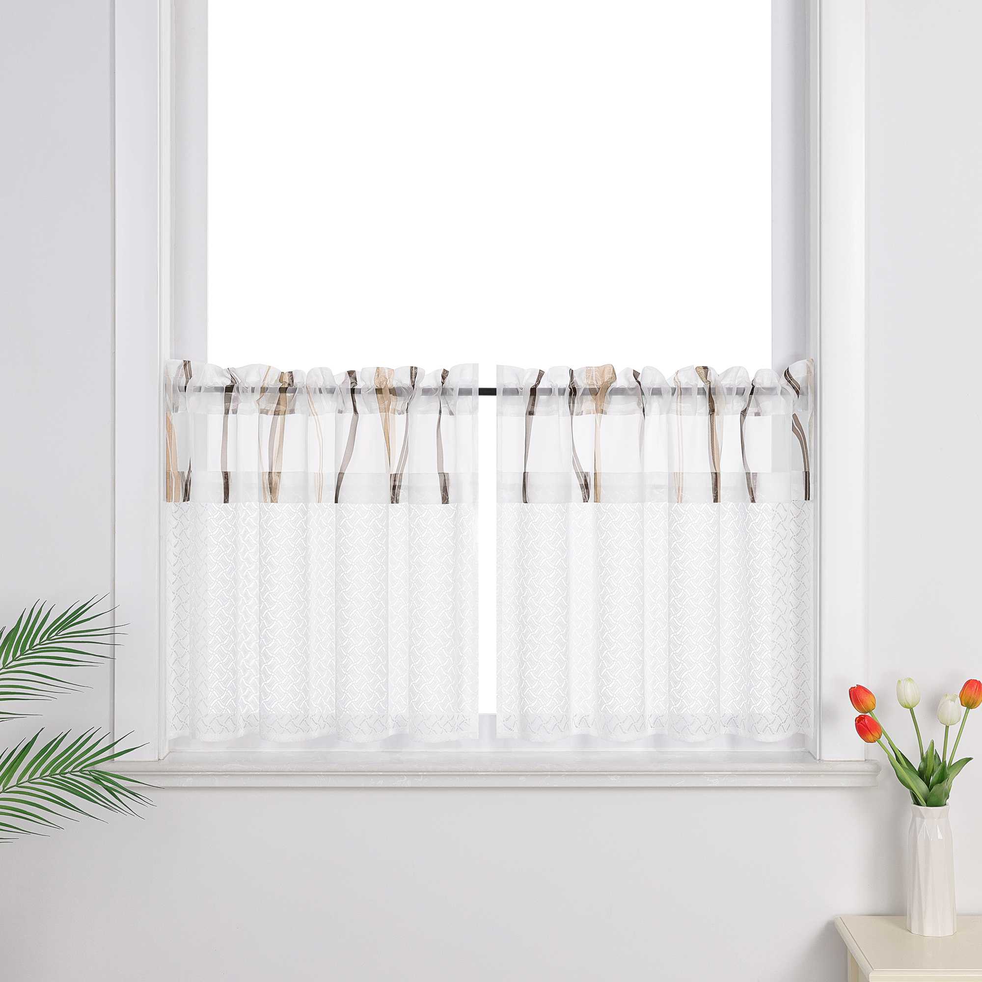 Cafe Curtain with Fine Line Pattern Set of 2 - Green, H x W 60 x 145cm