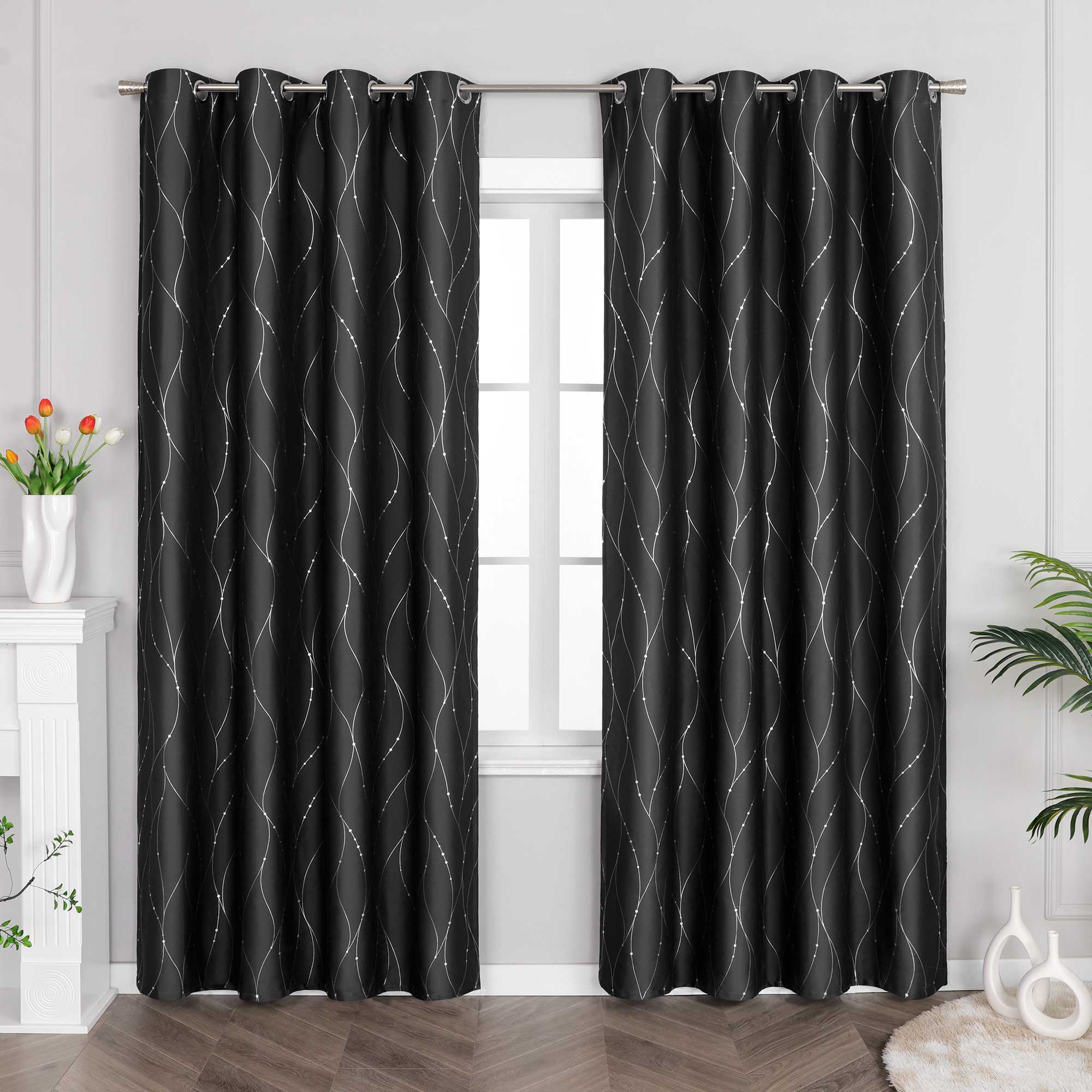 Blackout Grommet Curtain with Silver Accents - Black, H x W 145 x 140 cm
