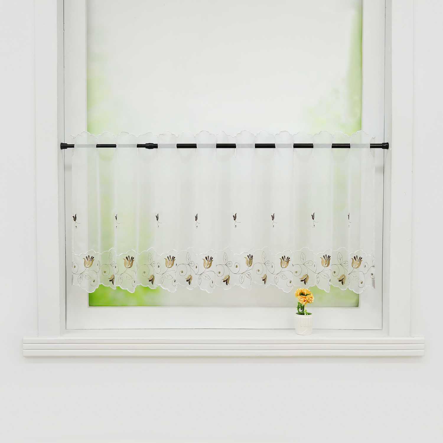 Cafe Curtain with Rose-Pattern Embroidery - White, H x W 30 x 90cm