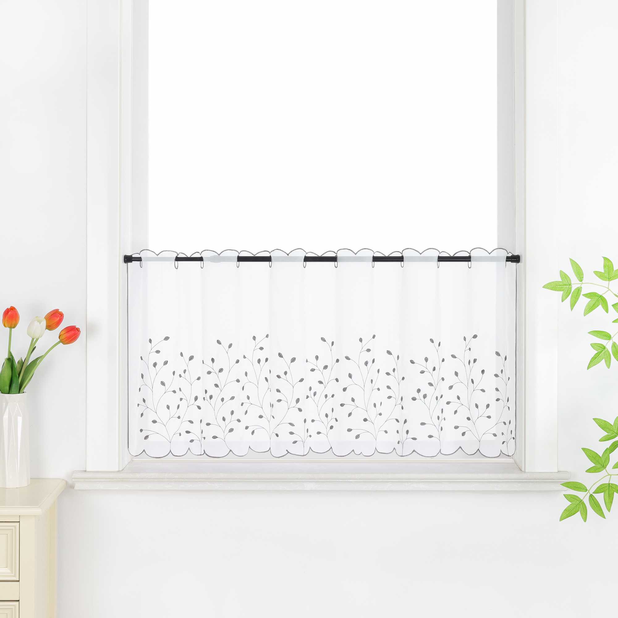 Cafe Curtain with Floral Embroidery/ Voile with Eyelet Header Country Style 1 Piece - Gray, H x W 45 x 120cm