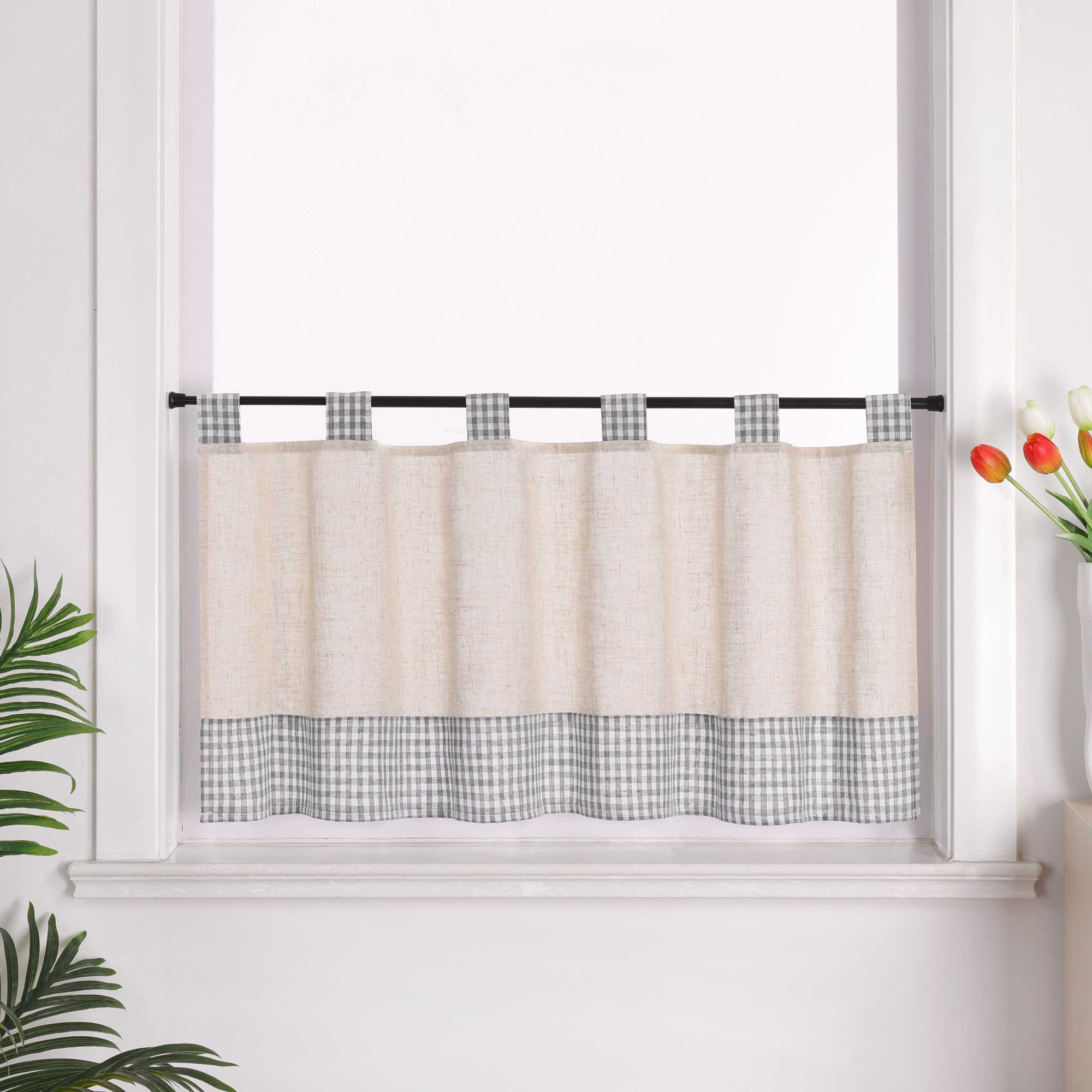 Cafe Curtain with Tab-Top Hanging/ Checked in Linen-Look Fabric - Gray, H x W 45 x 90cm