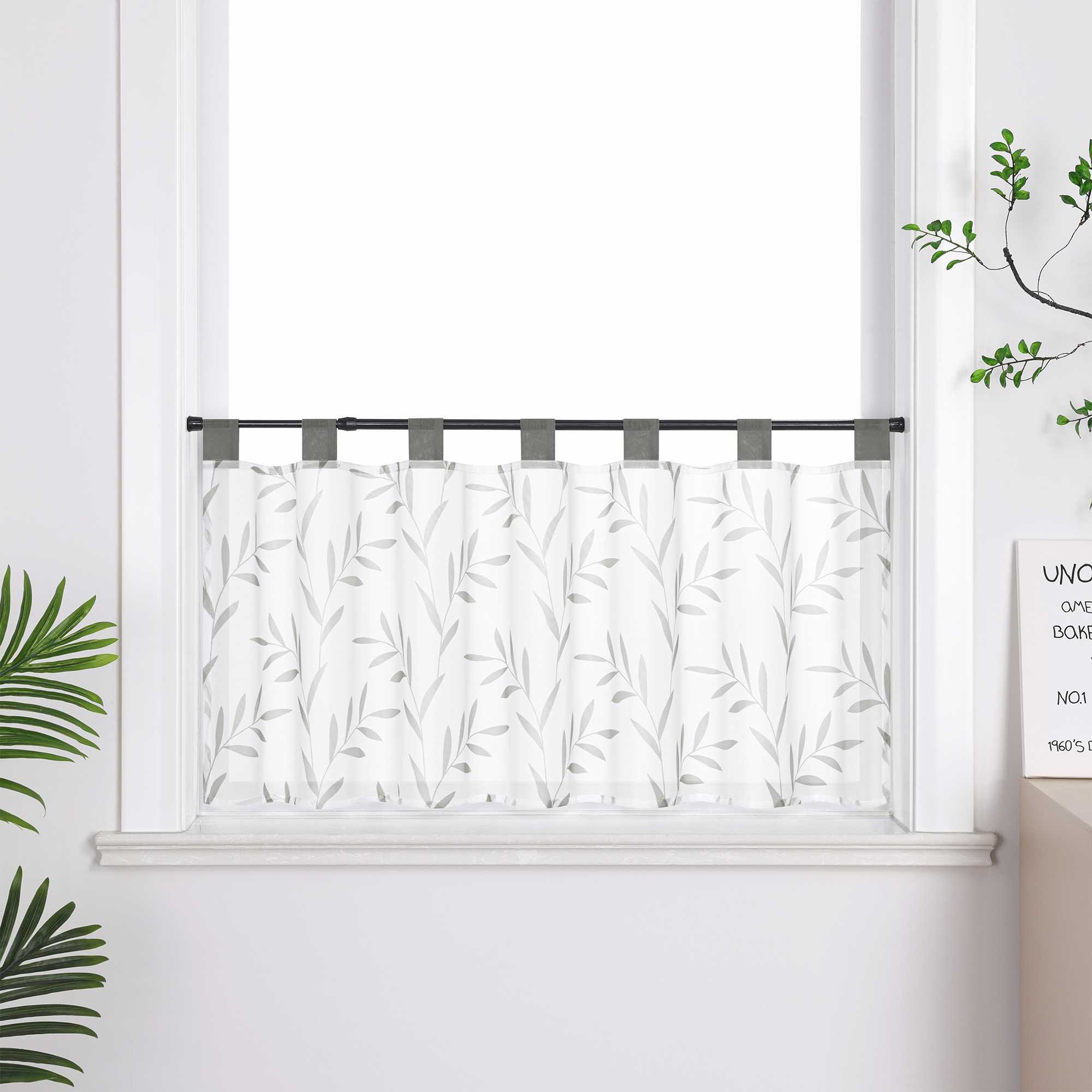 Cafe Curtain in Country Style with Leaf Pattern - Green, H x W 60 x 140cm
