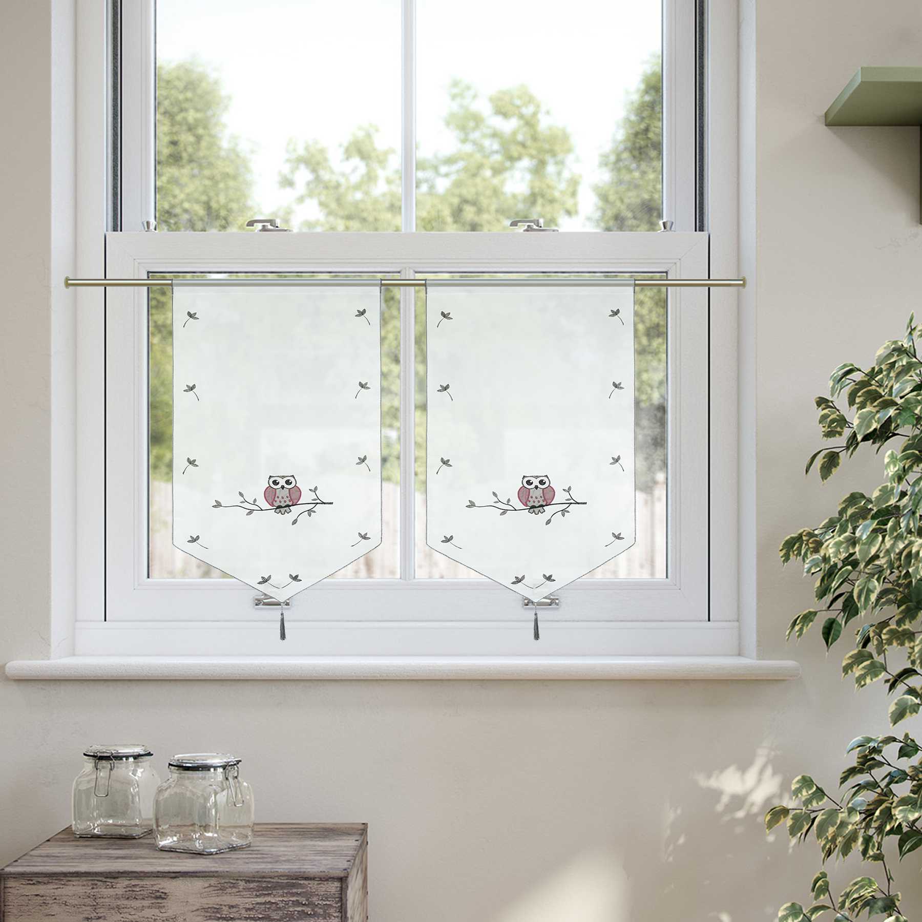 Cafe Curtain with Owls for Small Windows 1 Piece/ Bistro - Gray, W x H 40 x 90cm