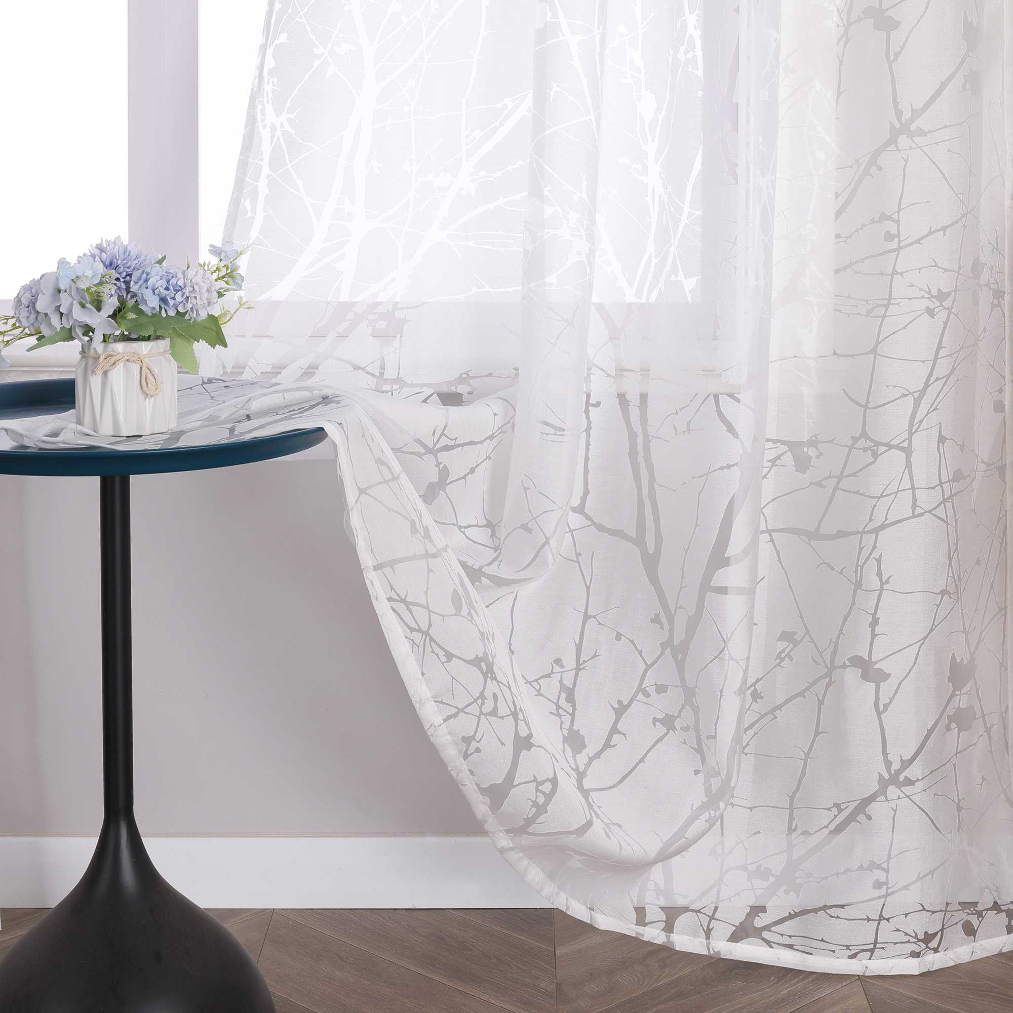 Curtain with Floral Pattern Light-Filtering White 1 Piece - Tab-Top Panel, White