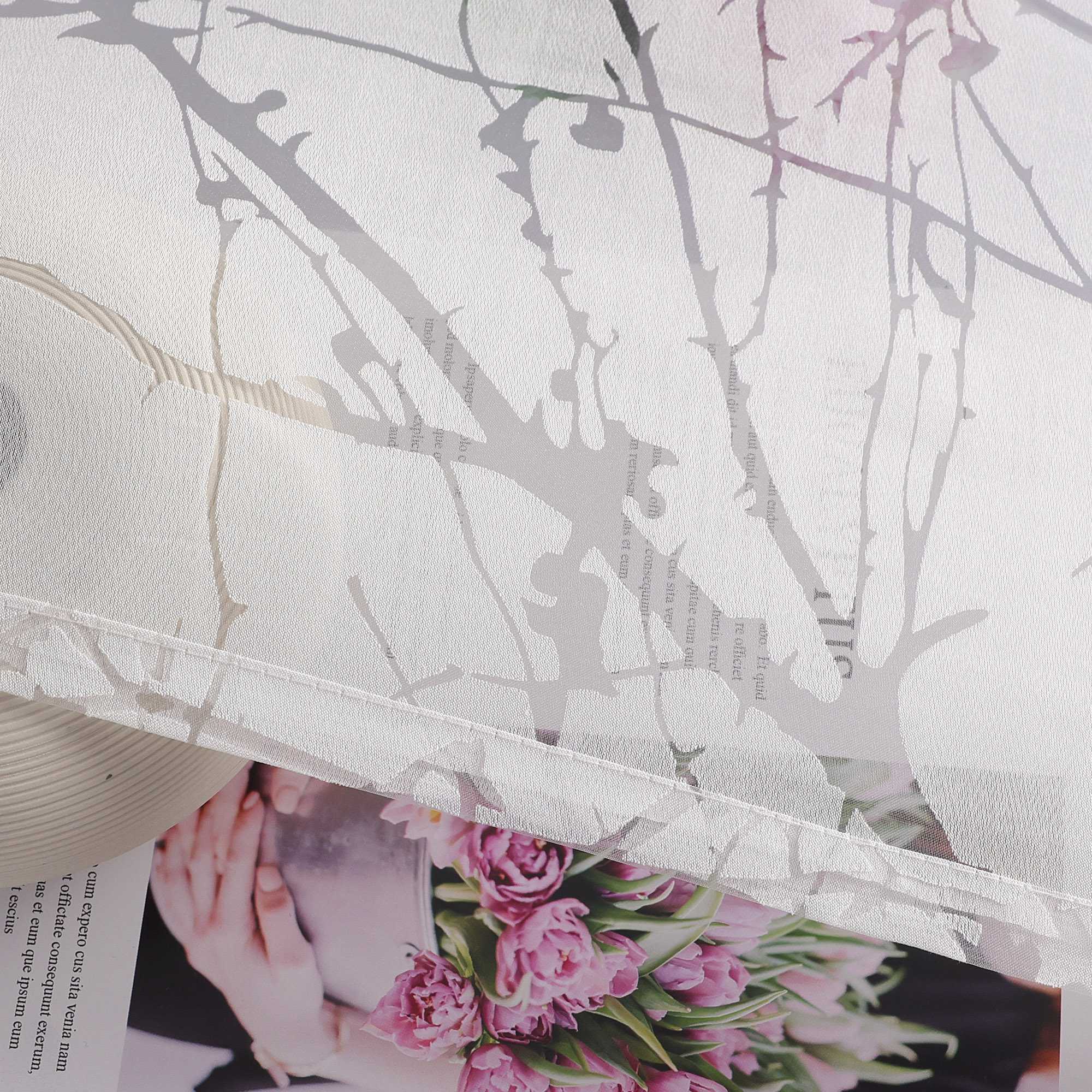 Curtain with Floral Pattern Light-Filtering White 1 Piece - Curtain-Tape Panel, White