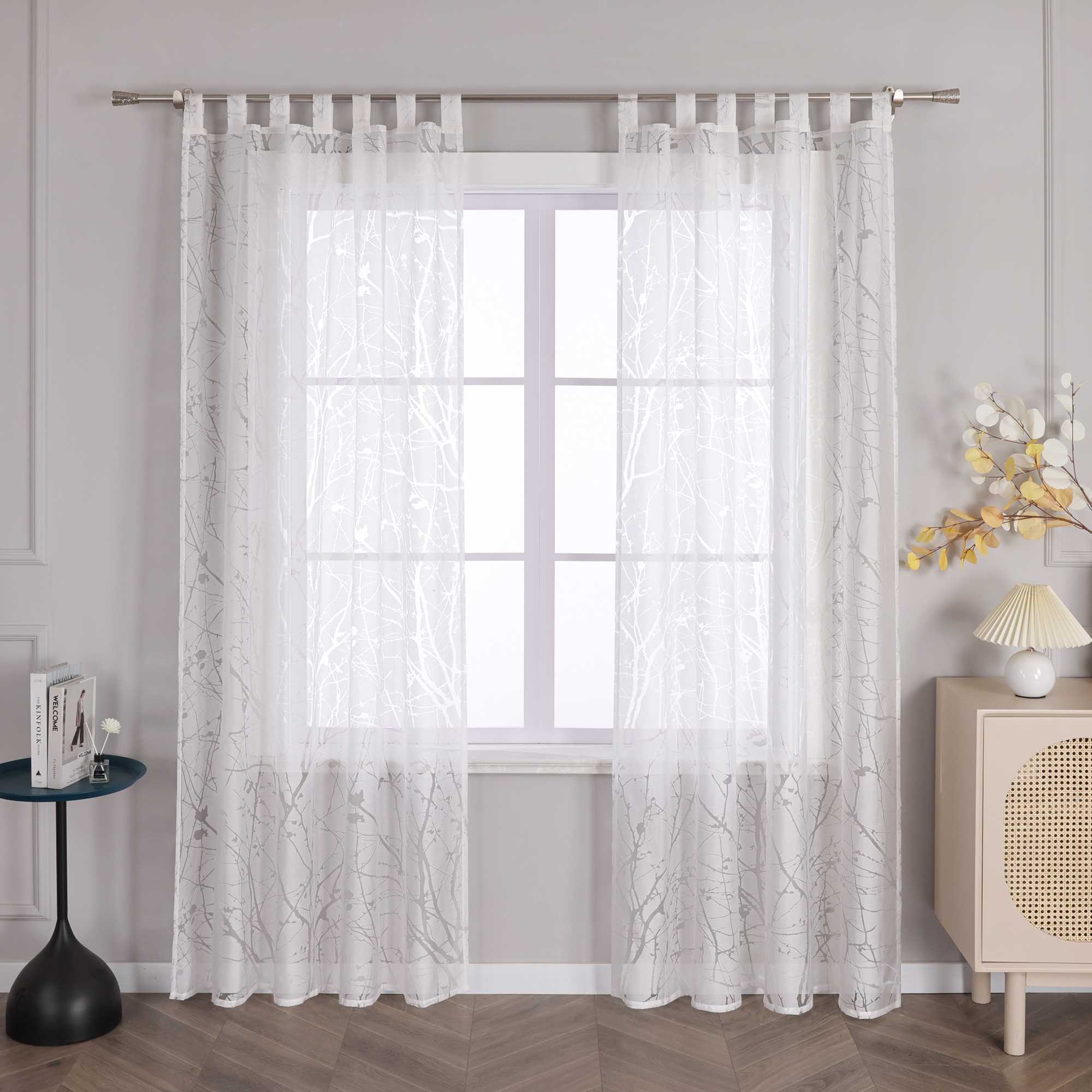 Curtain with Floral Pattern Light-Filtering White 1 Piece - Grommet Panel, White