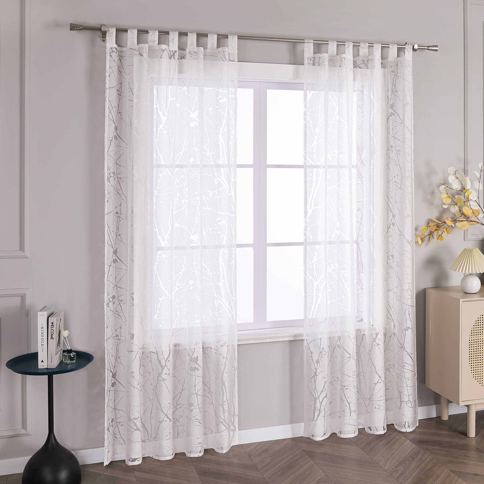 Curtain with Floral Pattern Light-Filtering White 1 Piece - Grommet Panel, White