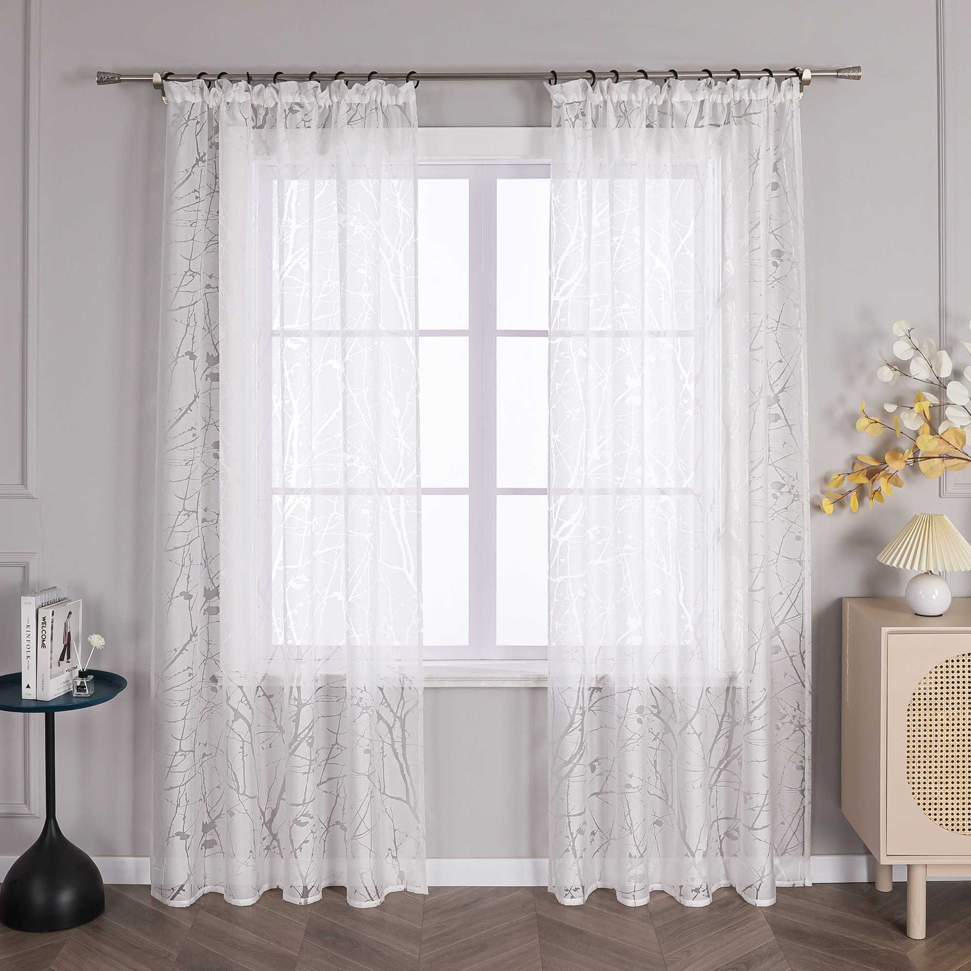Curtain with Floral Pattern Light-Filtering White 1 Piece - Curtain-Tape Panel, White
