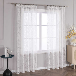 Curtain with Floral Pattern Light-Filtering White 1 Piece - Curtain-Tape Panel, White