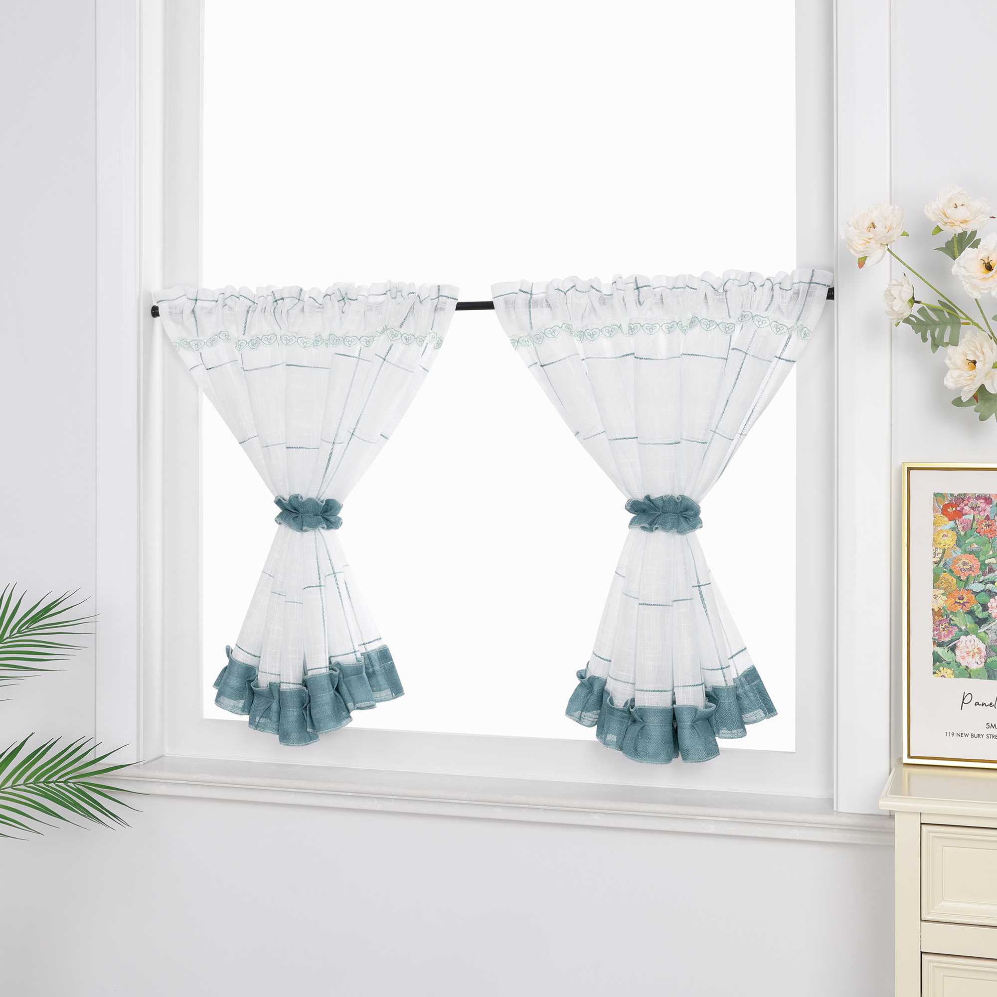 Cafe Curtains with Rod Pocket in Linen-Look Fabric with Ties 1 Piece - White, H x W 120 x 130cm
