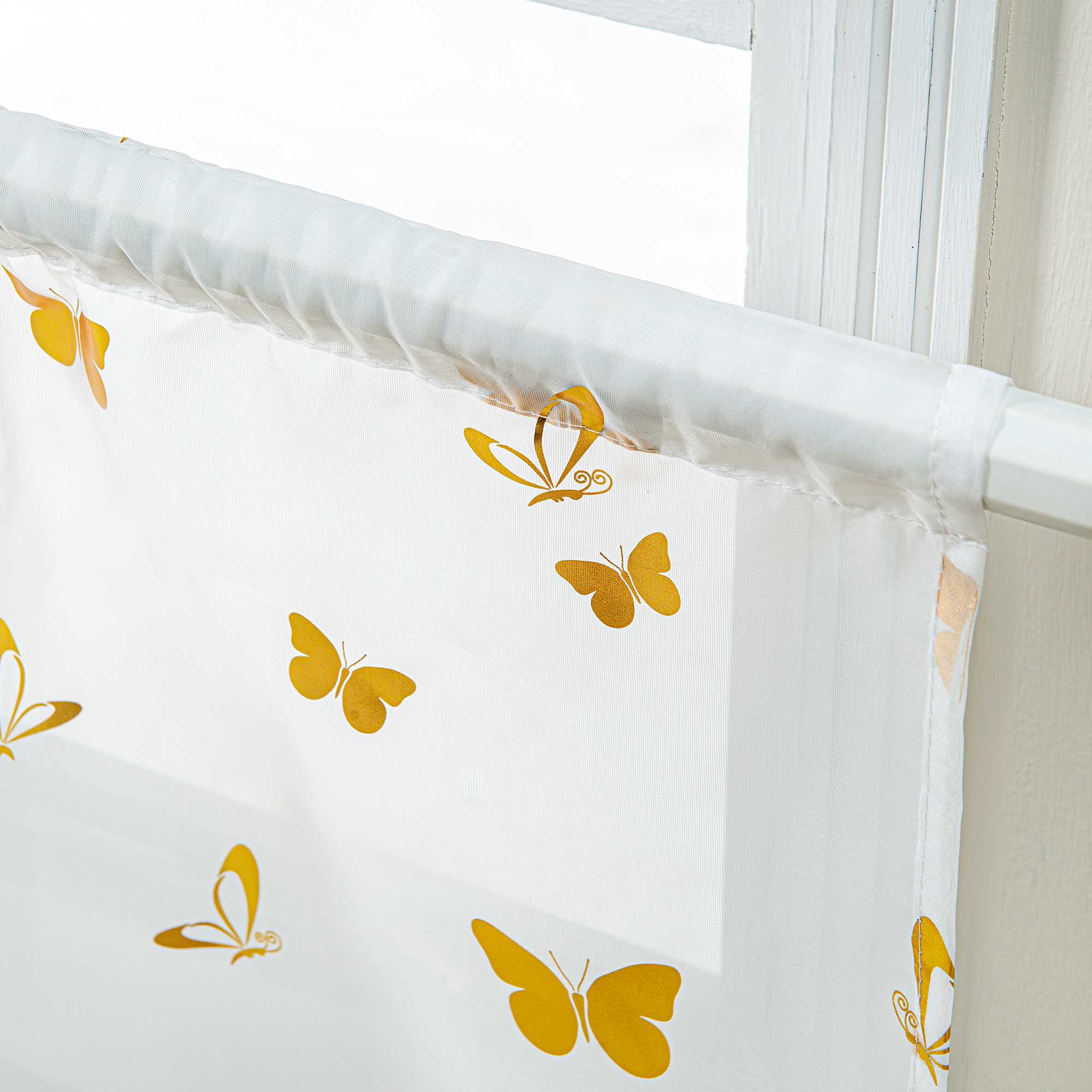 Cafe Curtain with Butterfly Shimmer Print Modern, Short - Silver, H x W 45 x 120cm