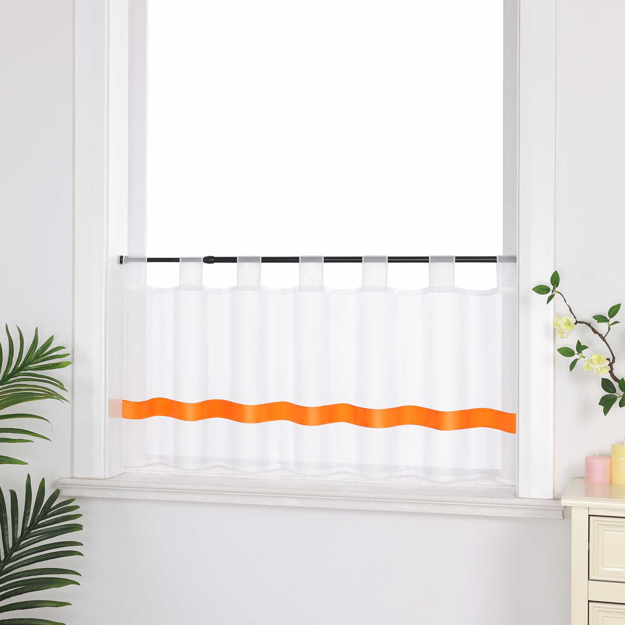 Cafe Curtain with Satin Ribbon Sheer 1 Piece - Green, H x W 45 x 120cm