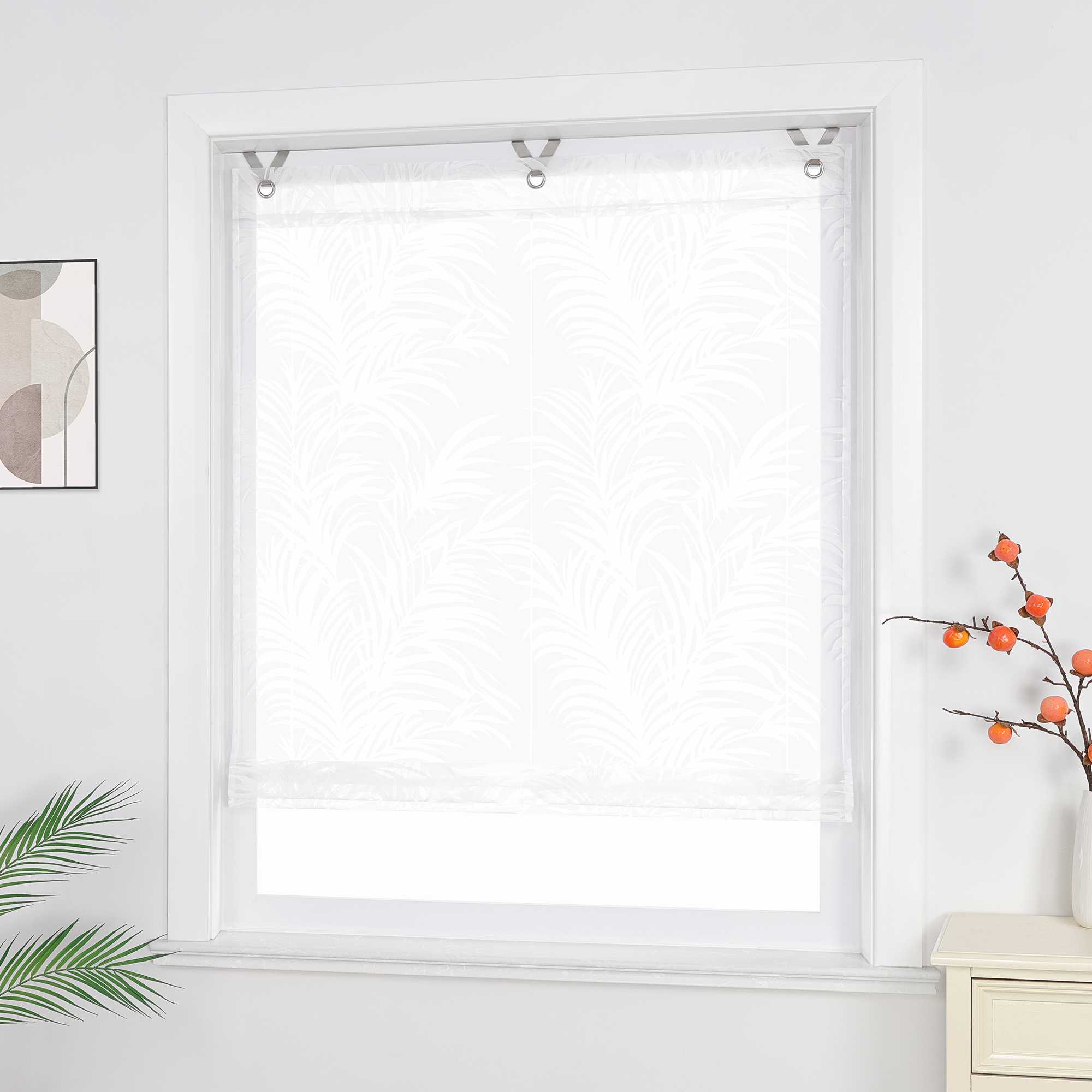 Roman Shade with V-Shaped Tabs Sheer Burnout Technique Leaf Print 1 Piece - White, W x H 60 x 130cm