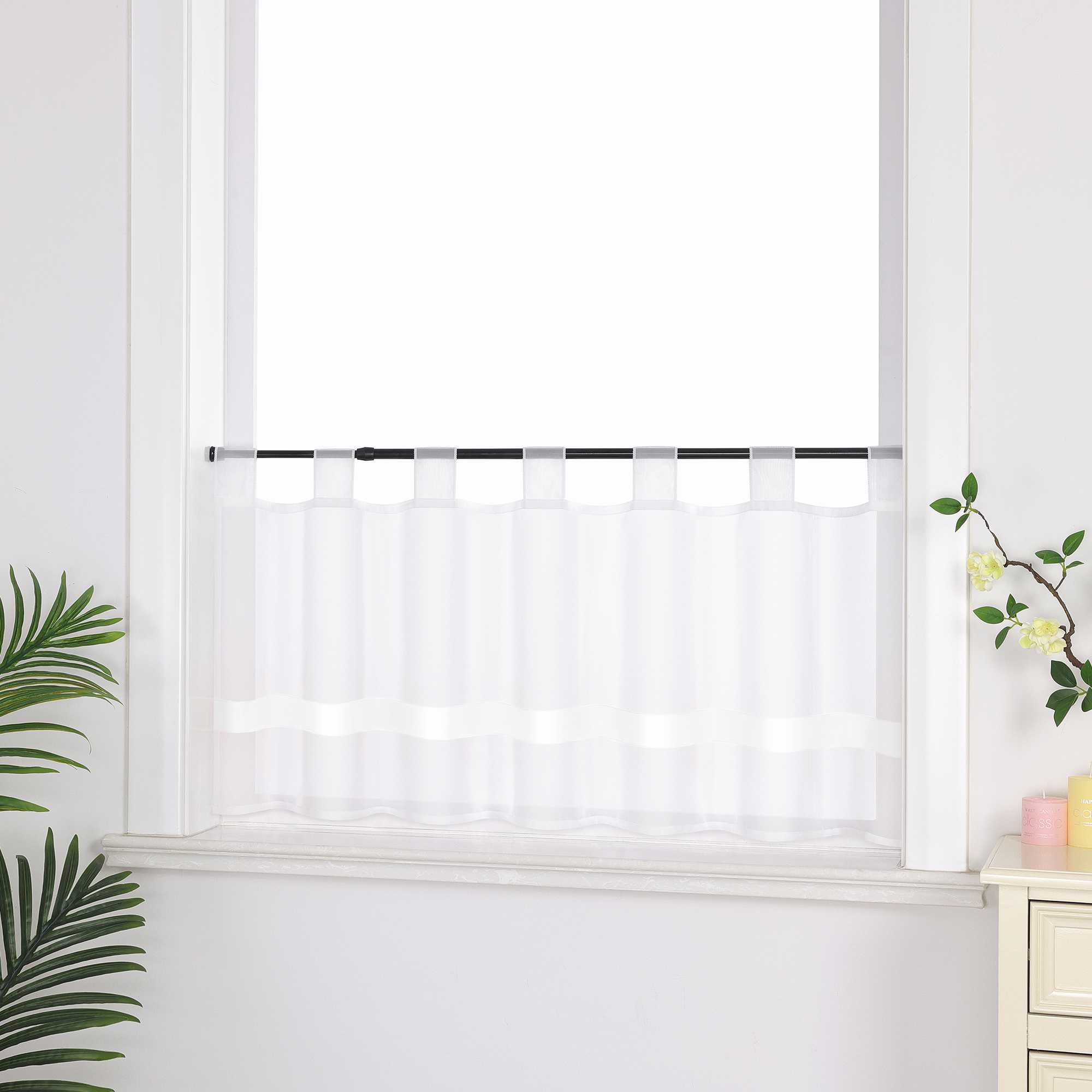 Cafe Curtain with Satin Ribbon Sheer 1 Piece - White, H x W 45 x 120cm