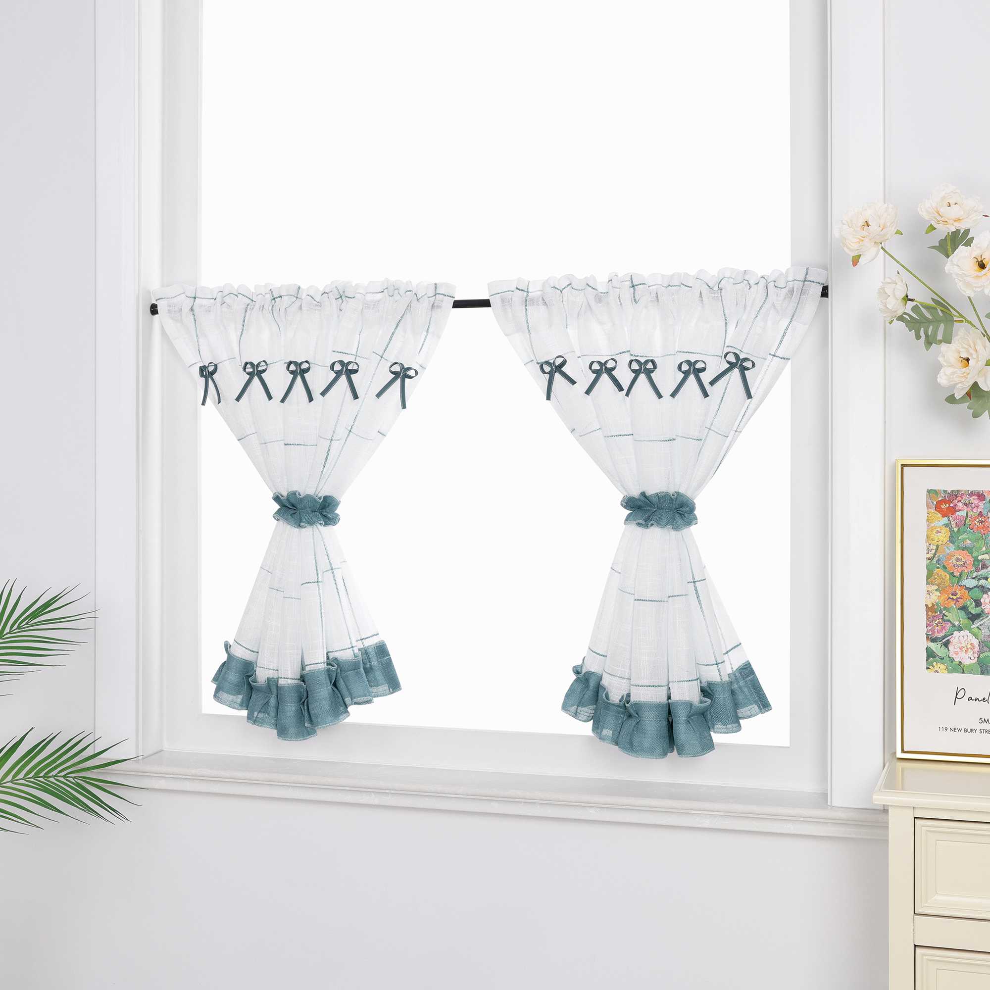 Cafe Curtains with Rod Pocket in Linen-Look Fabric with Ties 1 Piece - White, H x W 100 x 140cm