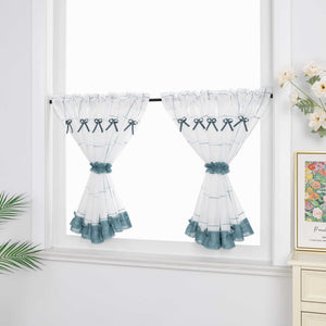 Cafe Curtains with Rod Pocket in Linen-Look Fabric with Ties 1 Piece - White, H x W 100 x 140cm