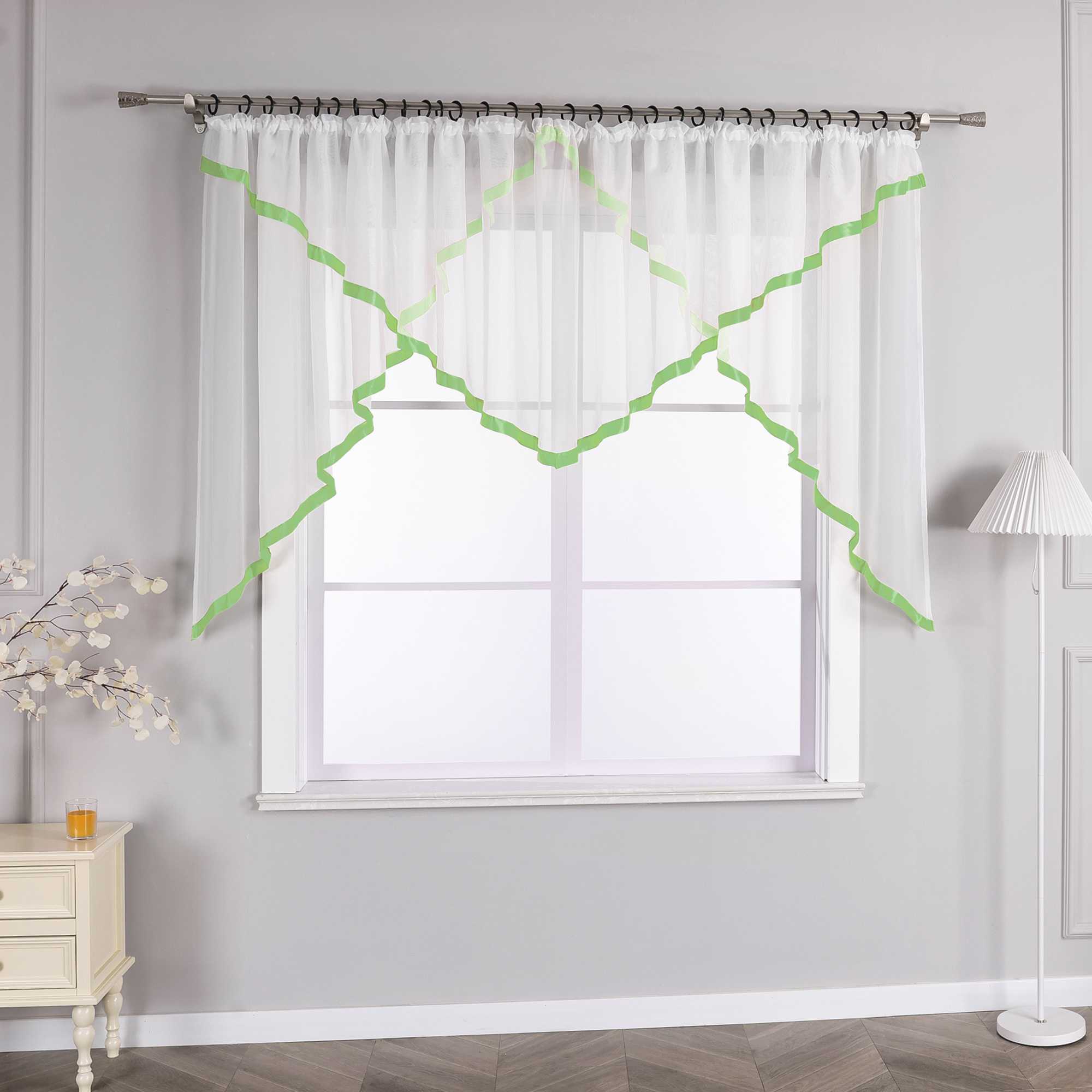 Cafe Curtain with Scalloped Edge, Satin Ribbon and Valance - Black, H x W 145 x 600cm