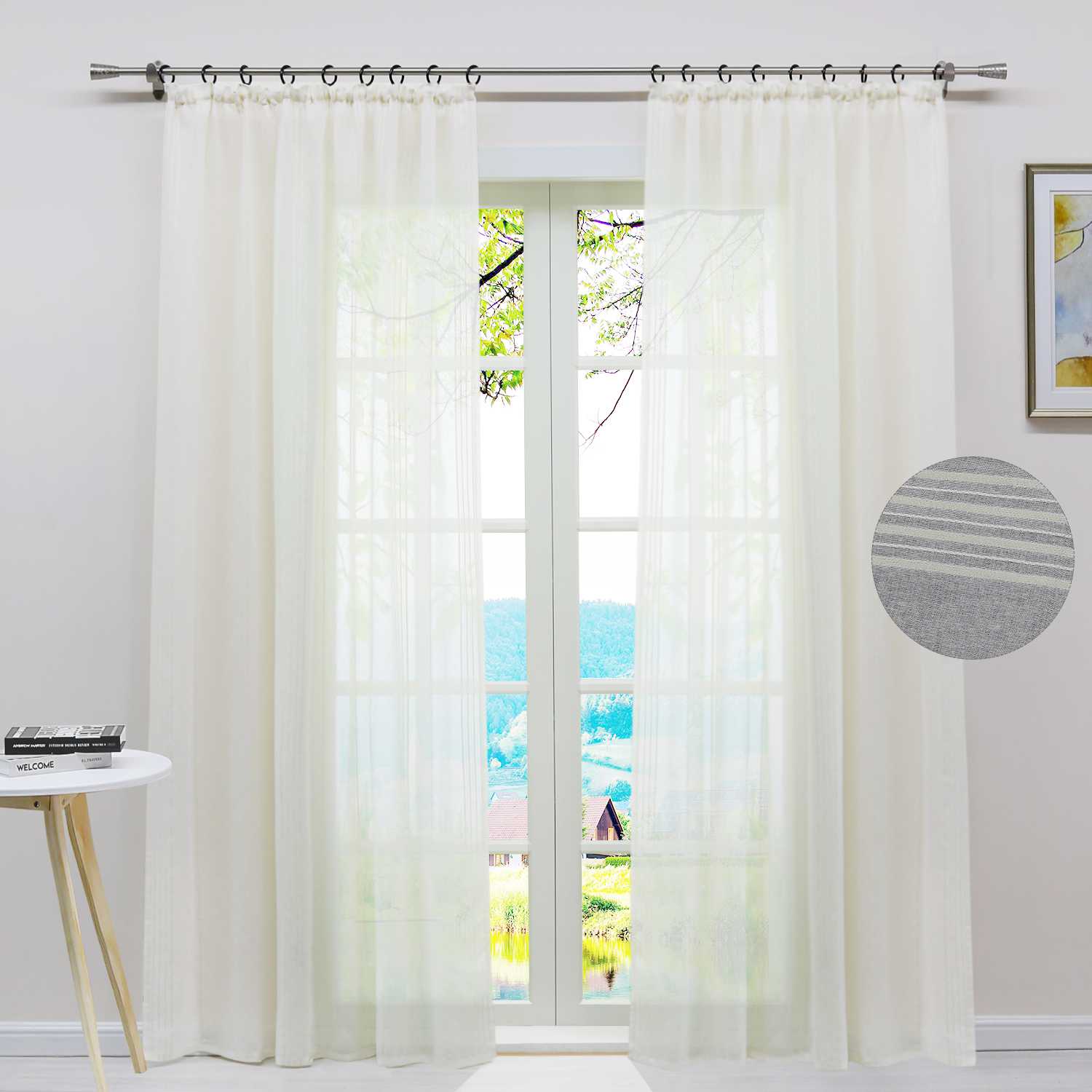 Curtain Set of 2 Voile Curtains with Stripes Sheer - White, Curtain-Tape Panel