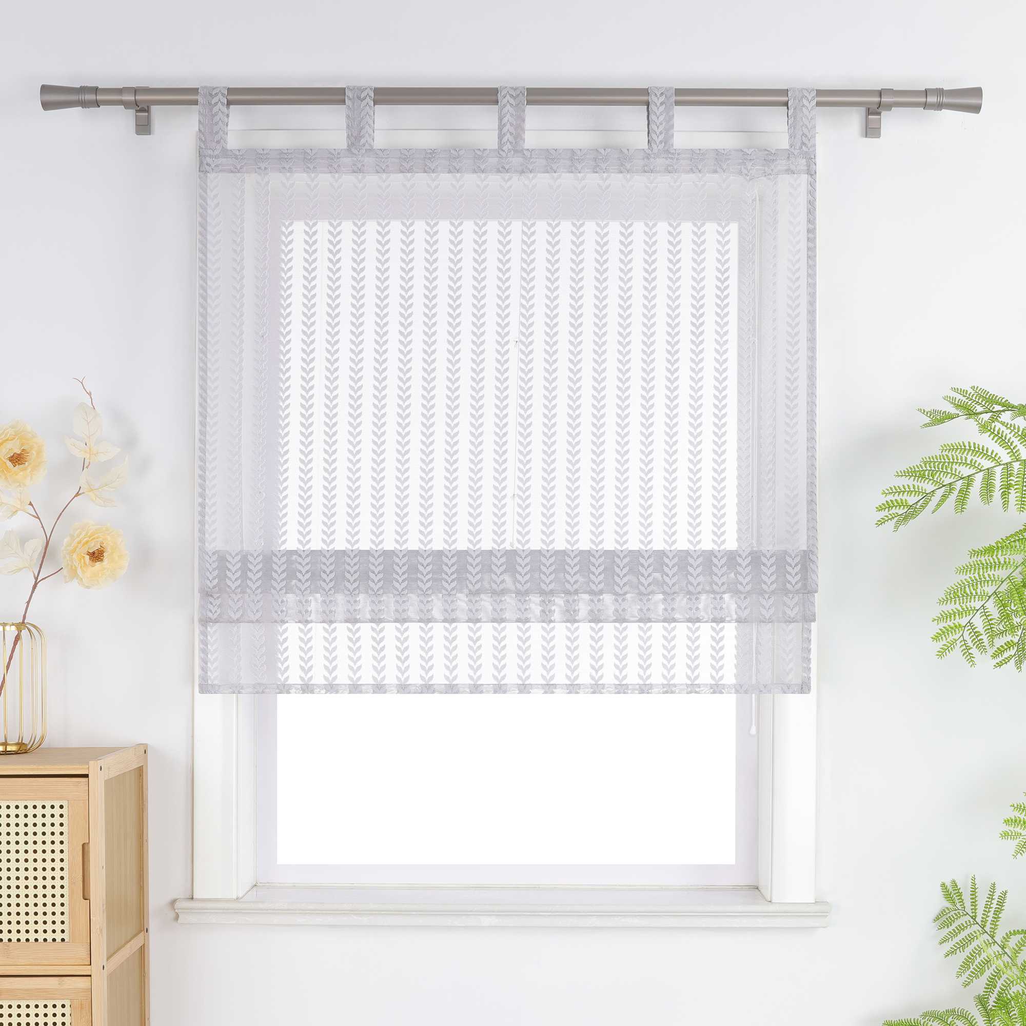Roman Shade Sheer with Cutout Leaf Pattern and Tab-Top Hanging - White, W x H 80 x 140cm