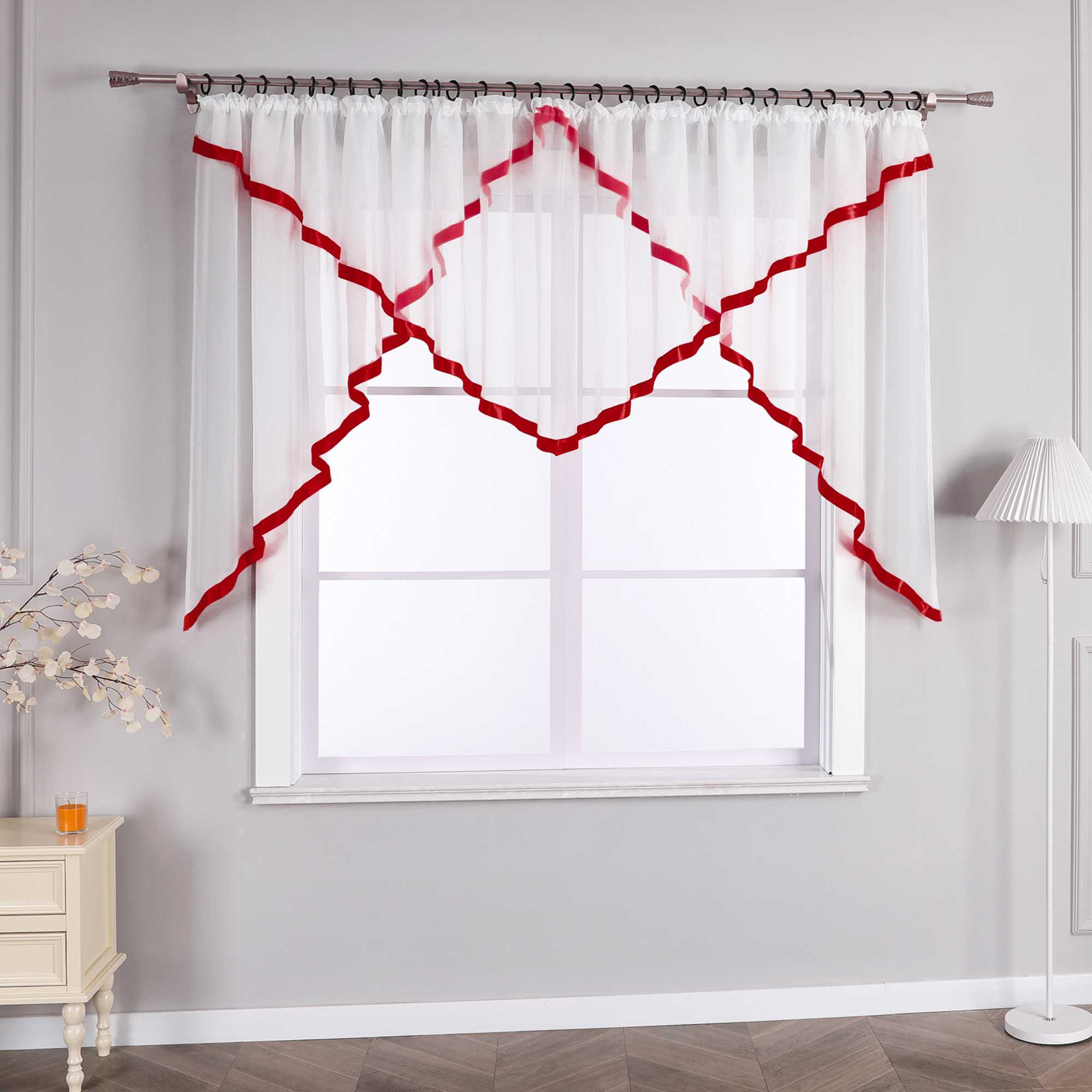 Cafe Curtain with Scalloped Edge, Satin Ribbon and Valance - Red, H x W 120 x 450cm