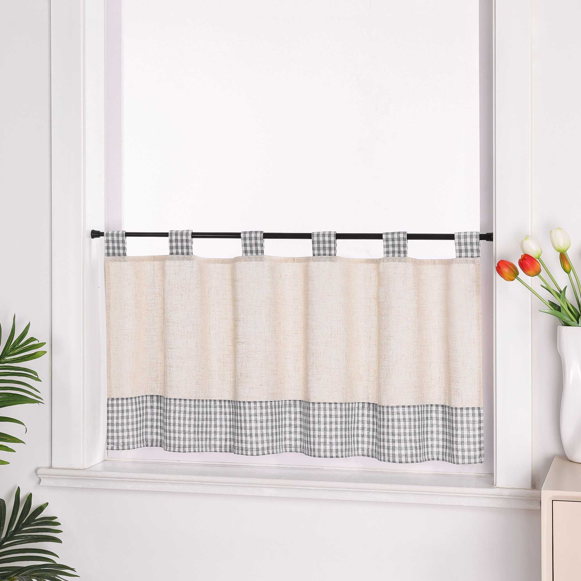 Cafe Curtain with Tab-Top Hanging/ Checked in Linen-Look Fabric - Gray, H x W 45 x 120cm
