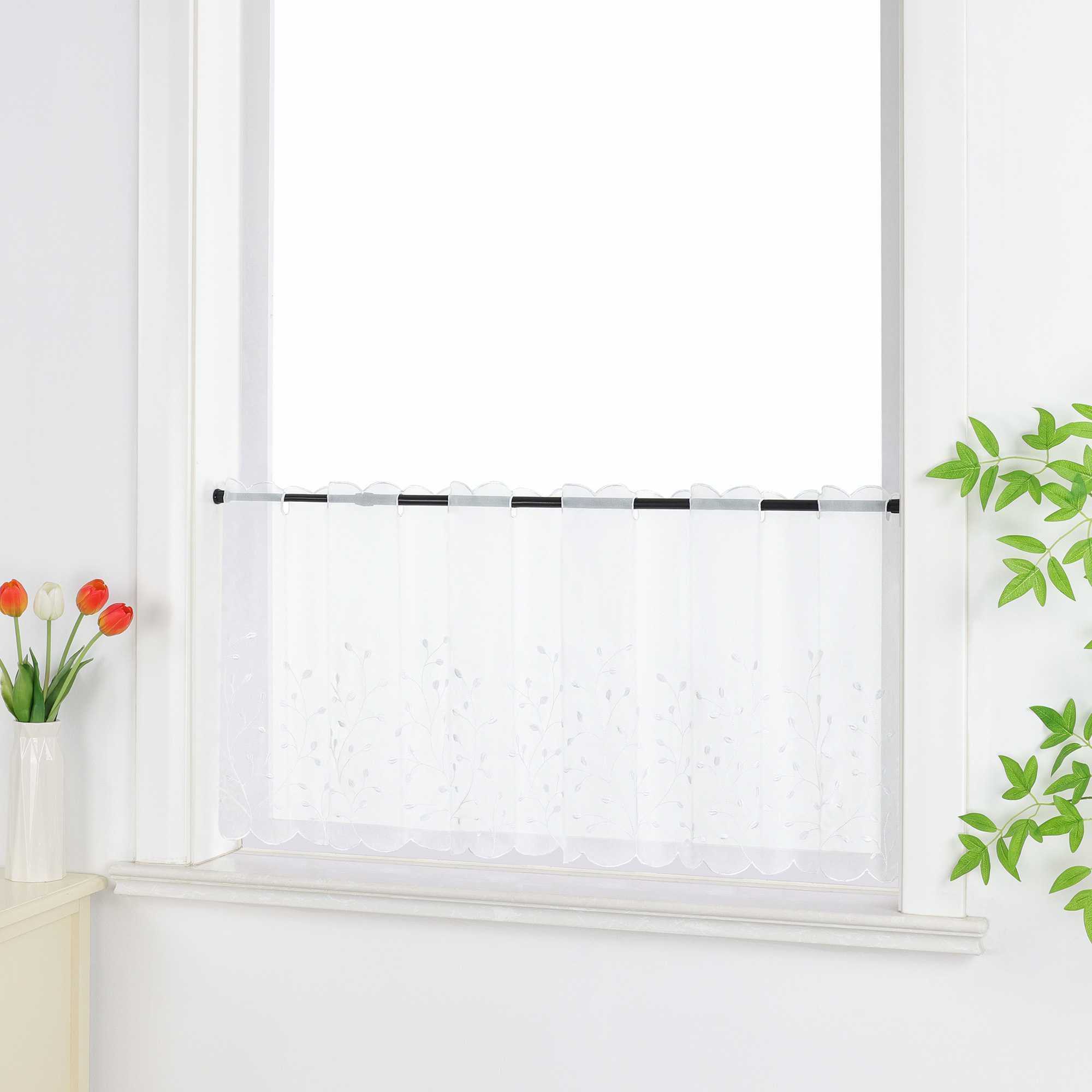 Cafe Curtain with Floral Embroidery/ Voile with Eyelet Header Country Style 1 Piece - White, H x W 60 x 120cm