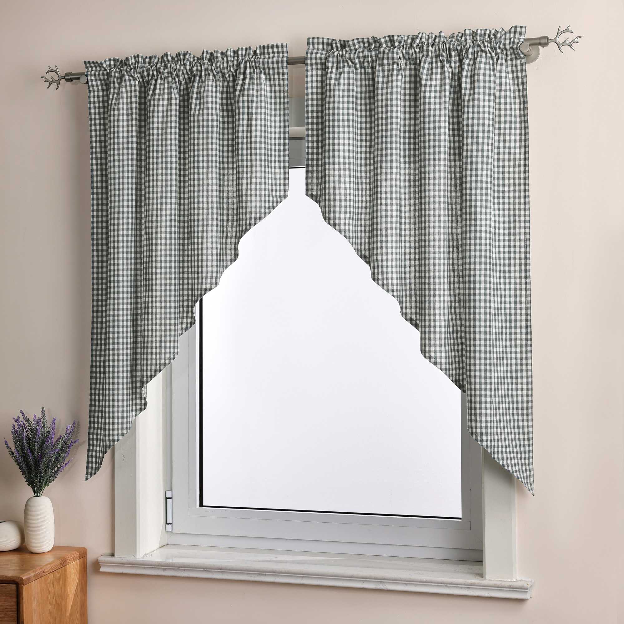 Short Curtains in Valance Style with Check Pattern Set of 2 - Gray, H x W 90 x 110cm