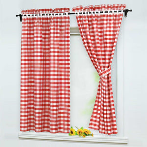 Cafe Curtains in Country Style with Check Pattern Set of 2 - Red, W x H 80 x 145cm