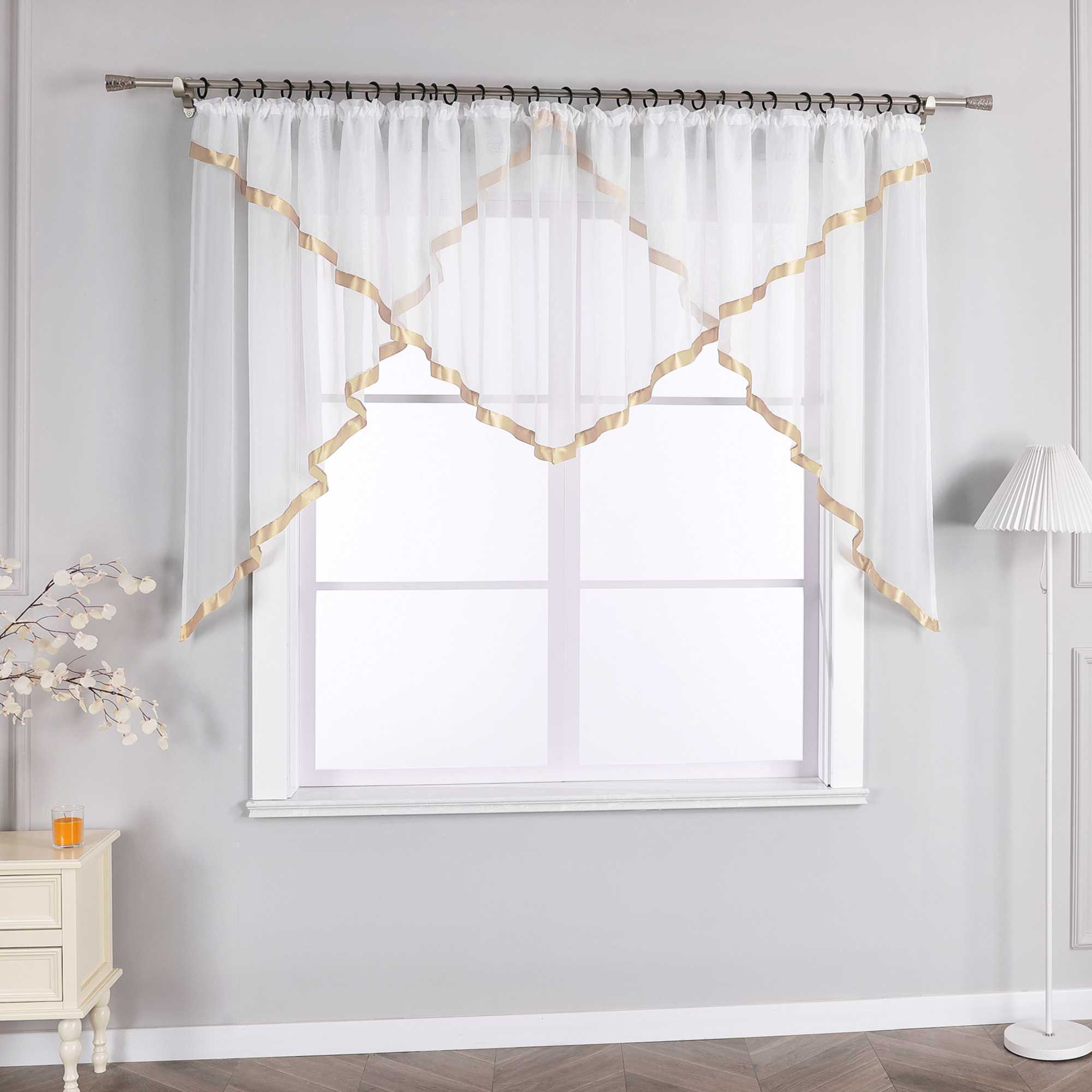 Cafe Curtain with Scalloped Edge, Satin Ribbon and Valance - Sand, H x W 145 x 300cm