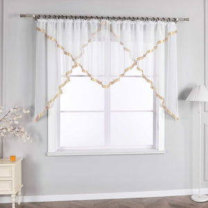 Cafe Curtain with Scalloped Edge, Satin Ribbon and Valance - Sand, H x W 145 x 300cm