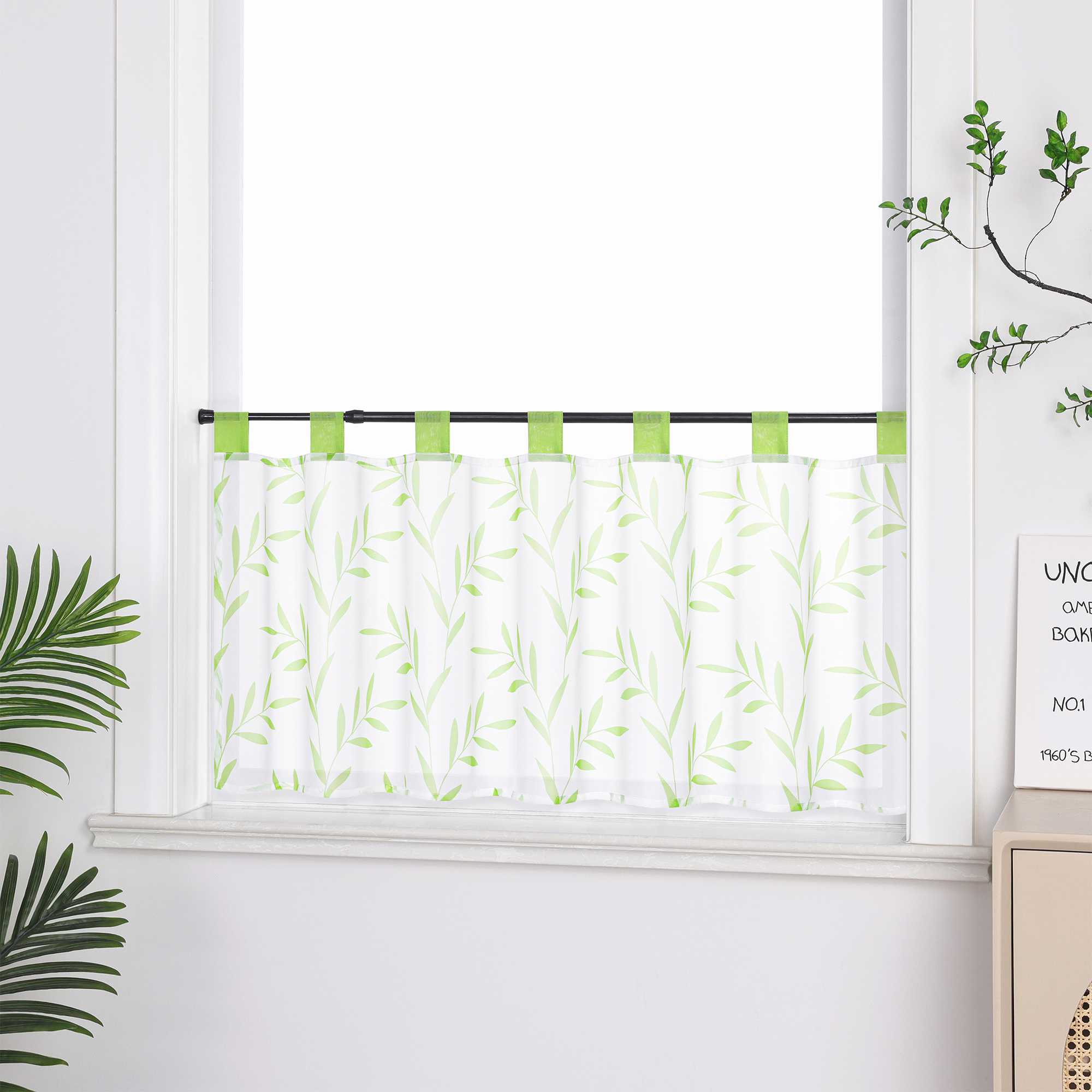 Cafe Curtain in Country Style with Leaf Pattern - Green, H x W 30 x 120cm