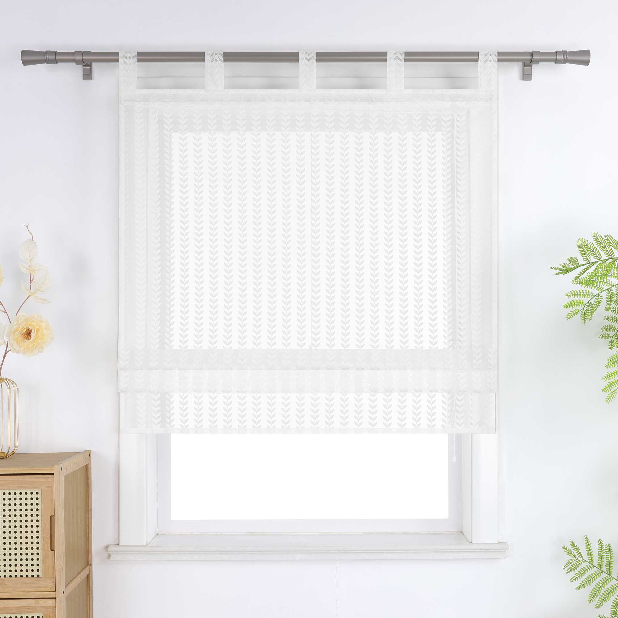 Roman Shade Sheer with Cutout Leaf Pattern and Tab-Top Hanging