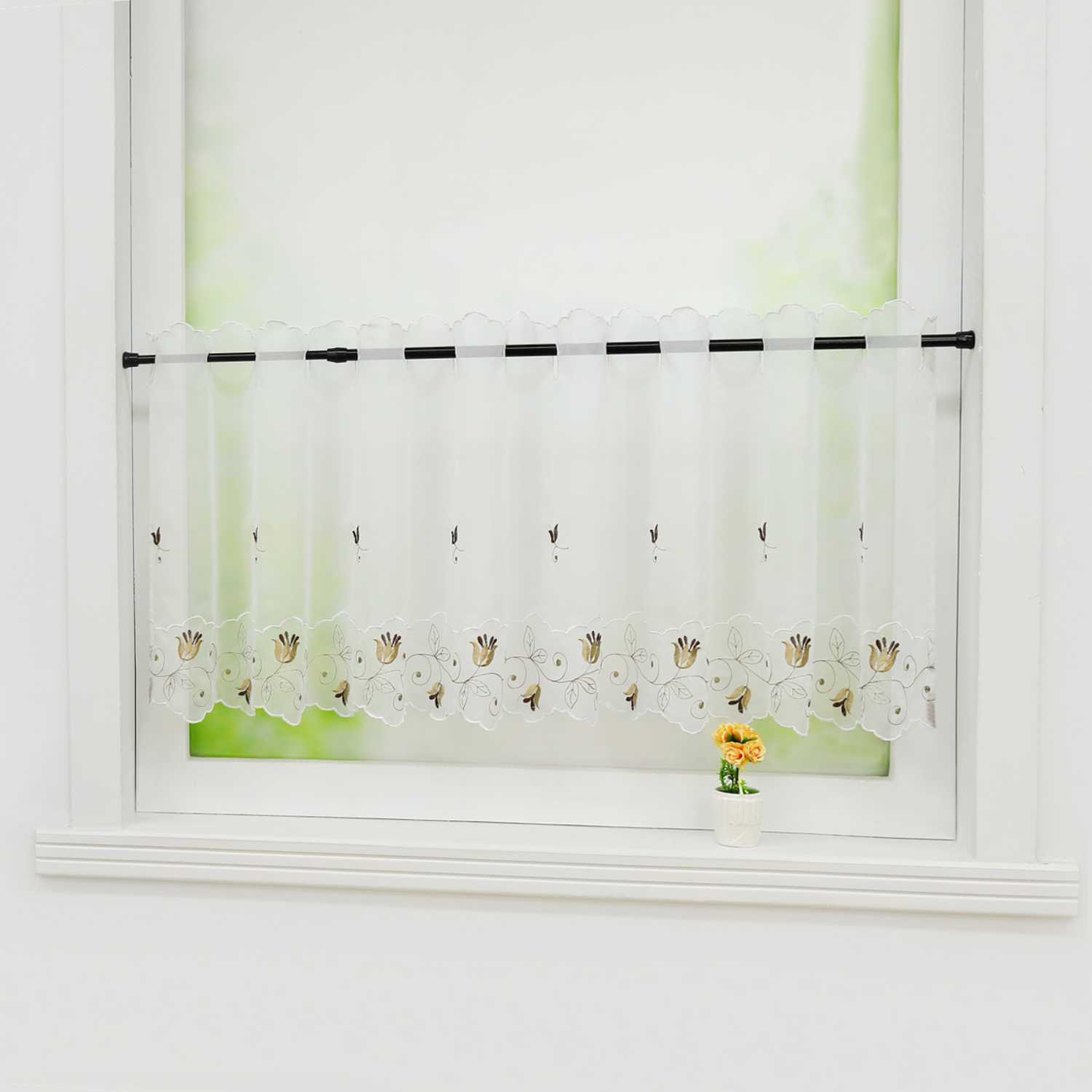 Cafe Curtain with Rose-Pattern Embroidery - White, H x W 30 x 120cm