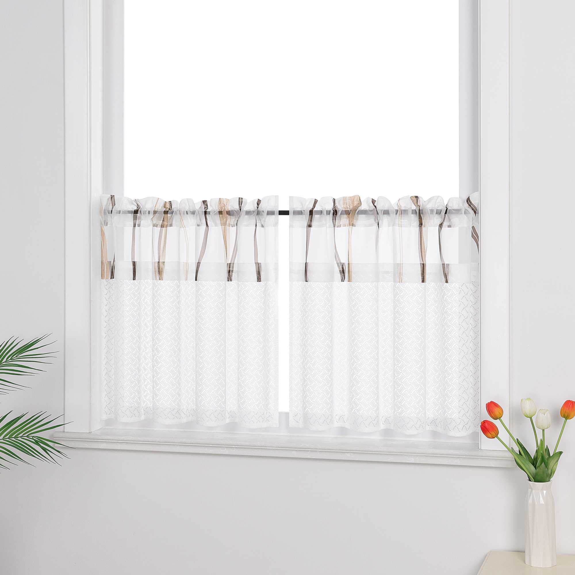Cafe Curtain with Fine Line Pattern Set of 2 - Green, H x W 60 x 90cm