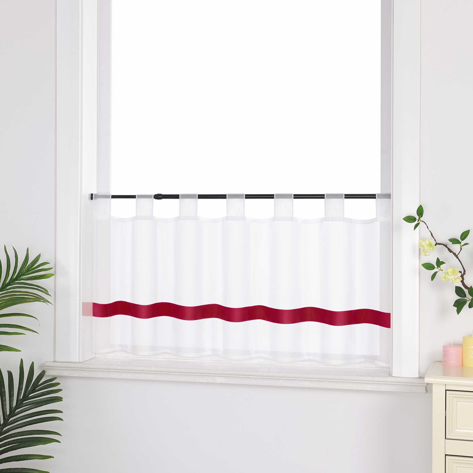 Cafe Curtain with Satin Ribbon Sheer 1 Piece