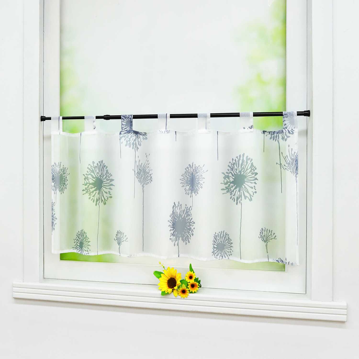Tab-Top Cafe Curtain Sheer Dandelion Pattern 1 Piece - White, H x W 45 x 120cm