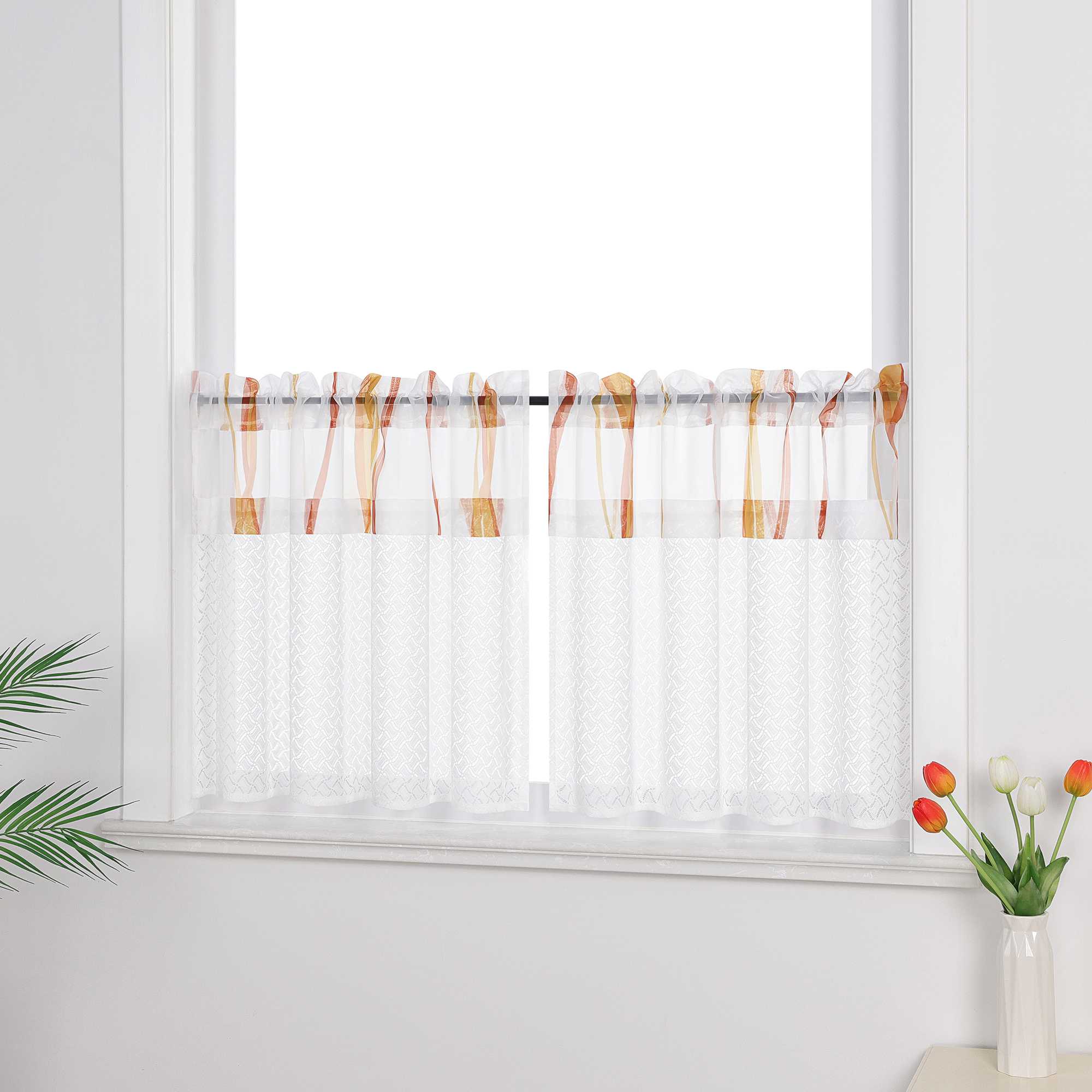 Cafe Curtain with Fine Line Pattern Set of 2 - Green, H x W 45 x 90cm