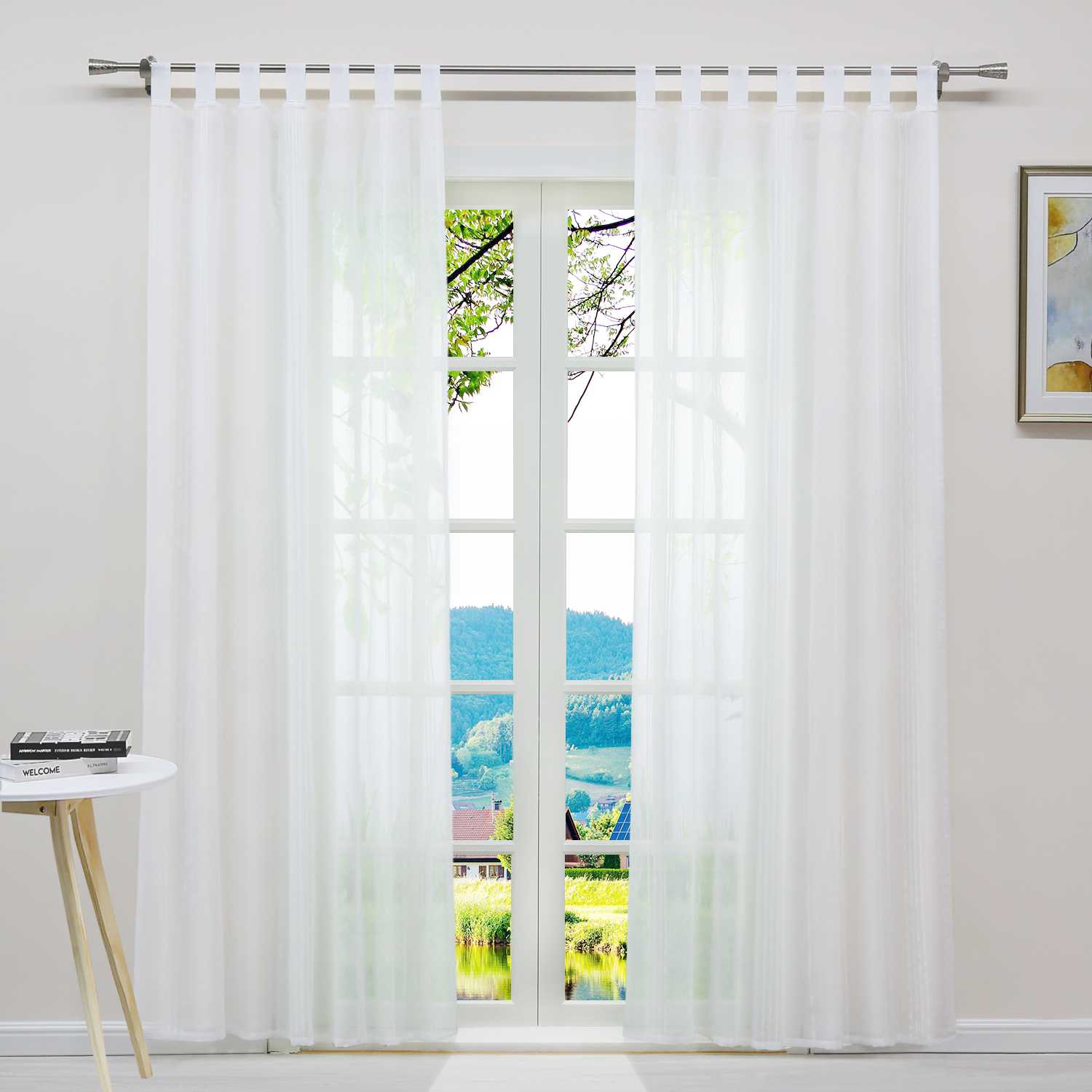 Curtain Set of 2 Voile Curtains with Stripes Sheer - Beige, Tab-Top Panel