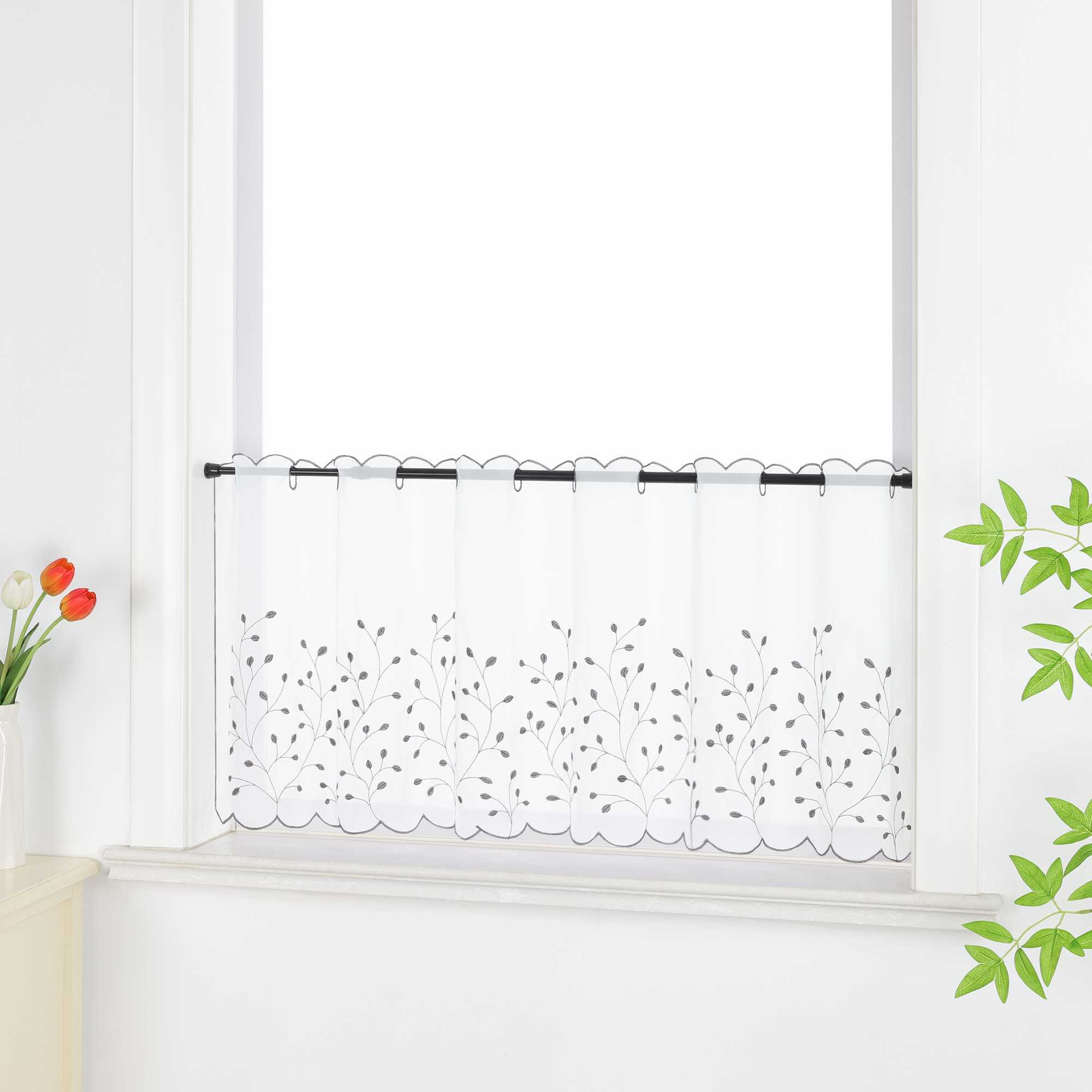 Cafe Curtain with Floral Embroidery/ Voile with Eyelet Header Country Style 1 Piece - White, H x W 30 x 90cm