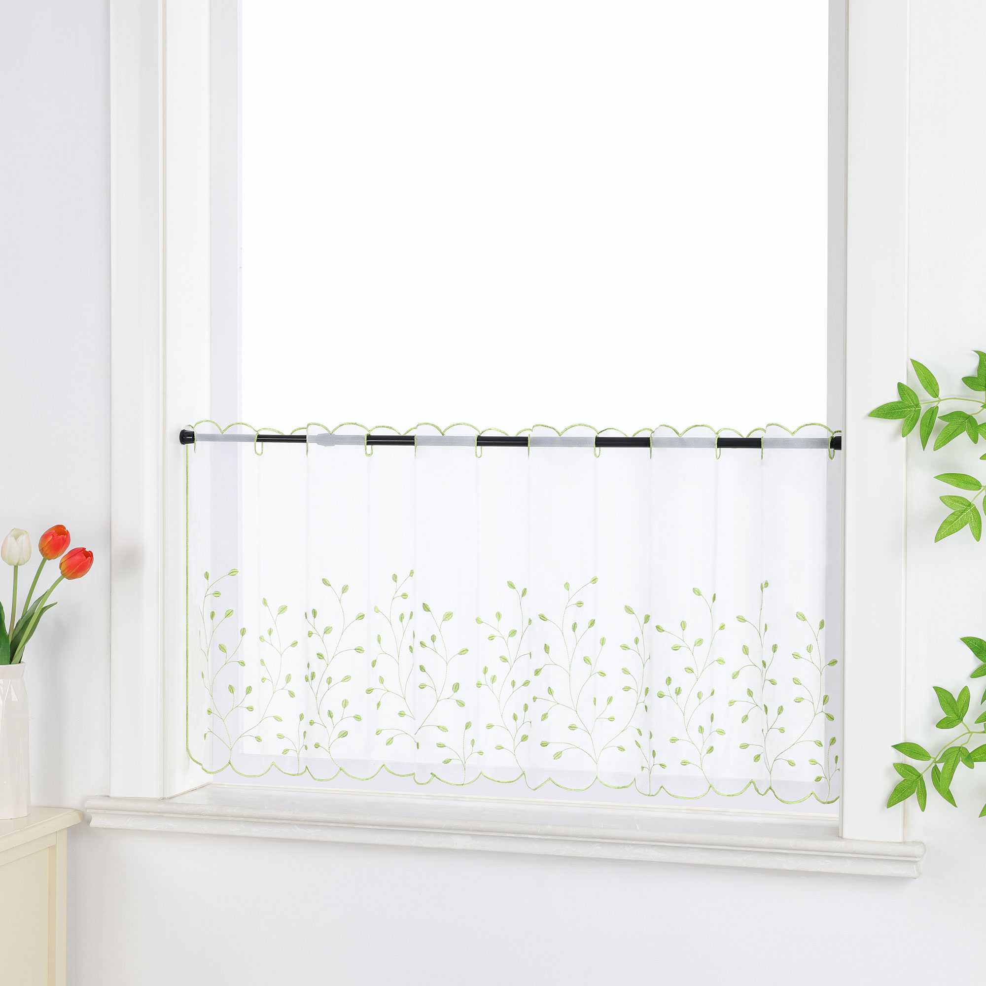 Cafe Curtain with Floral Embroidery/ Voile with Eyelet Header Country Style 1 Piece - Green, H x W 60 x 120cm