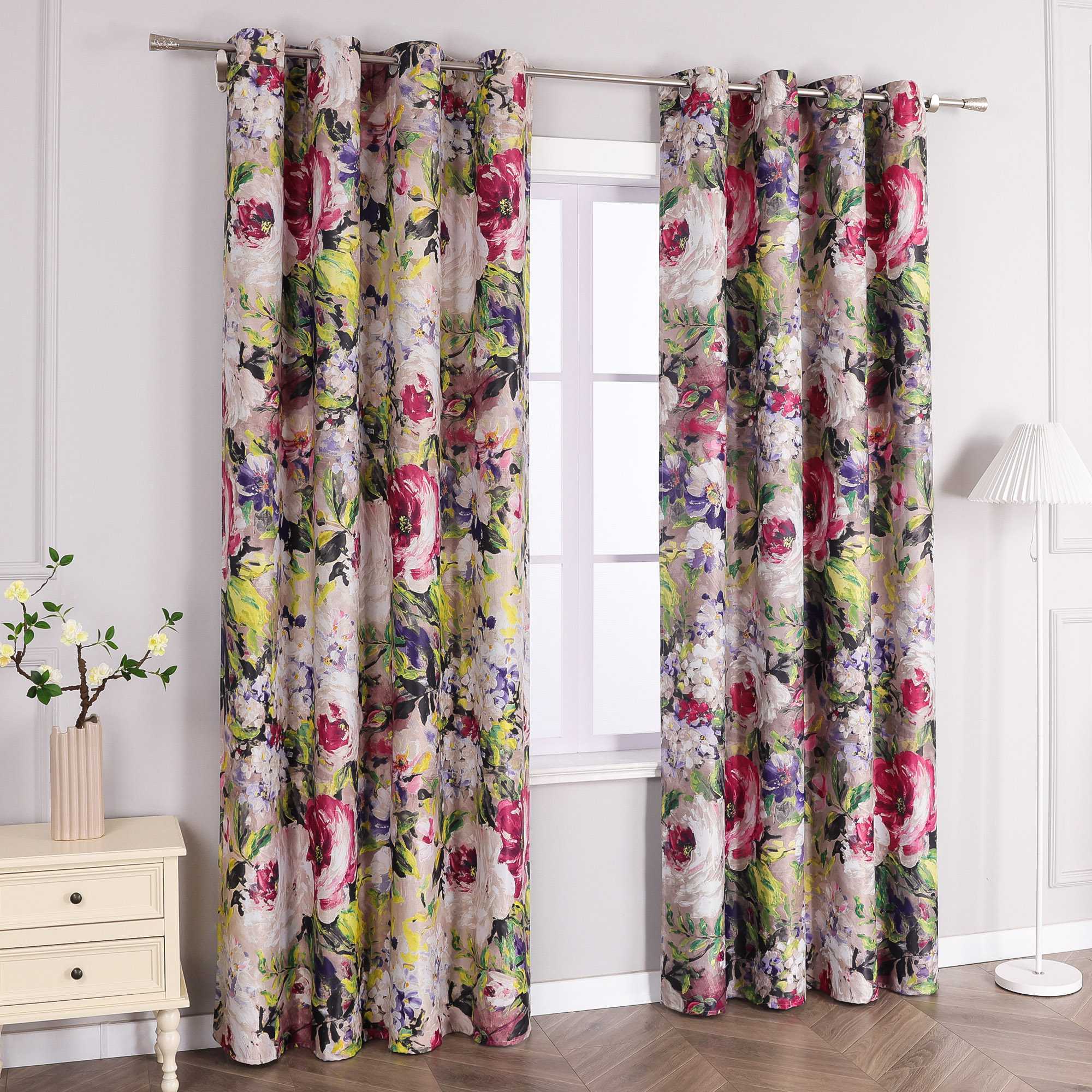 Blackout Curtain Opaque with Oil-Painting Peonies 1 Piece - Red, H x W 175 x 140cm