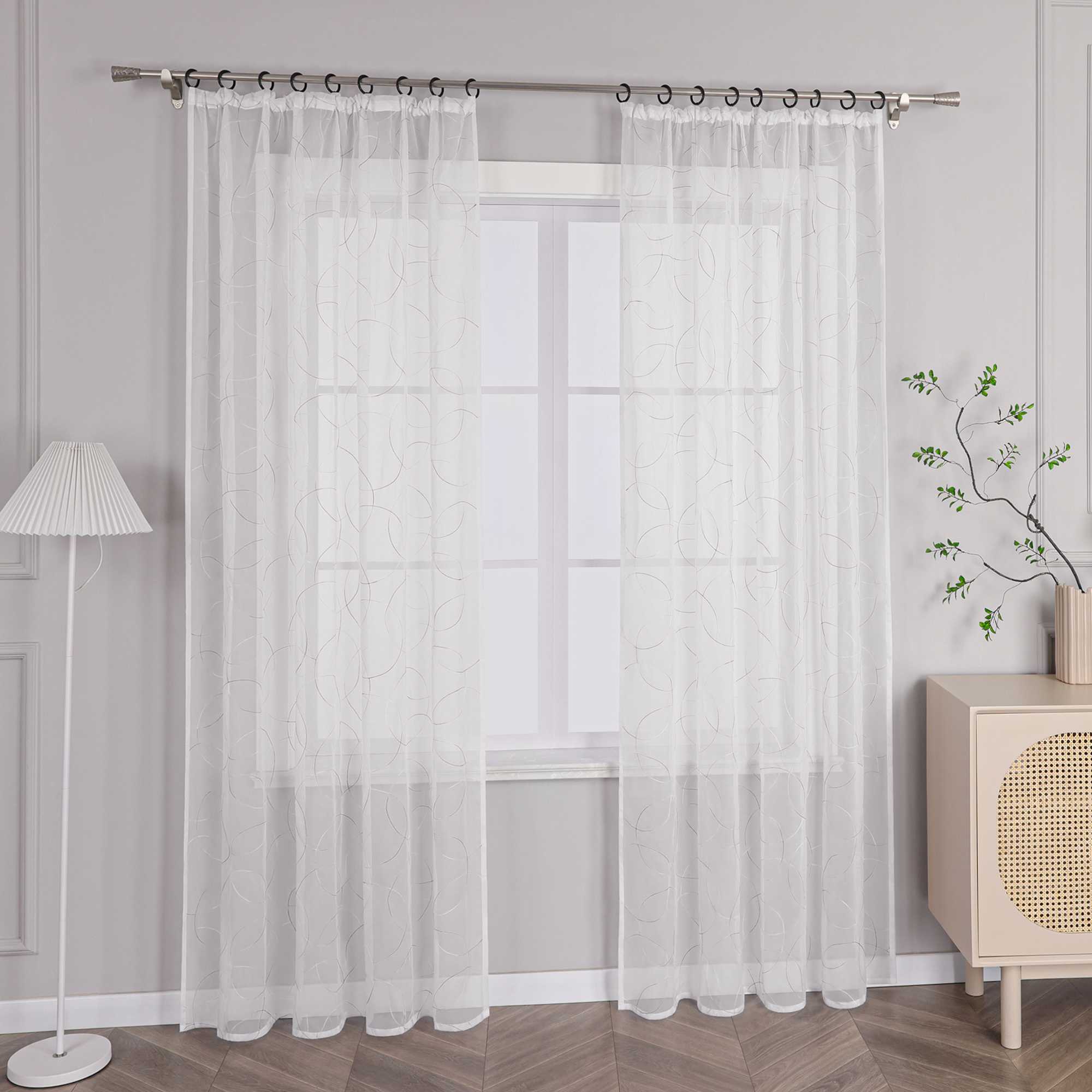 Voile Curtain with Curtain Tape with Circle Pattern Embroidered 1 Piece - Gray, W x H 140 x 175cm