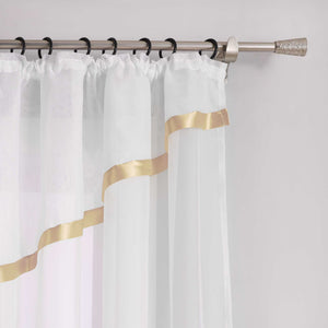 Cafe Curtain with Scalloped Edge, Satin Ribbon and Valance - Sand, H x W 145 x 450cm