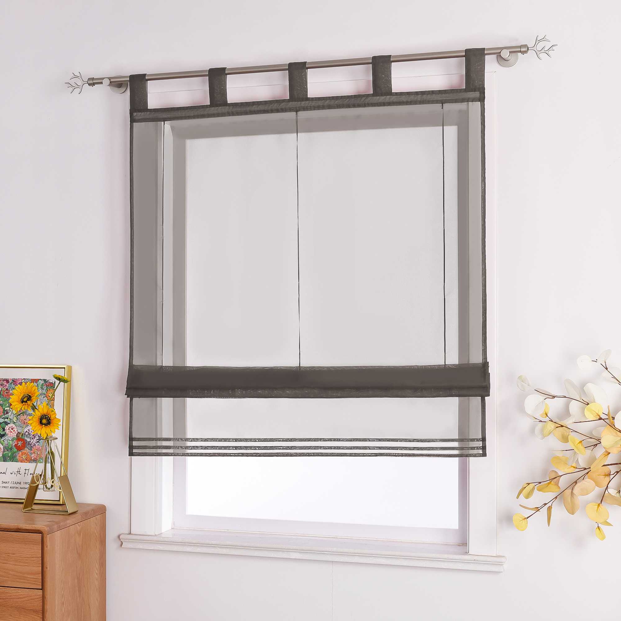 Roman Shade Tab-Top Curtain Solid Color Sheer Voile with Decorative Folds 1 Piece - White, H x W 155 x 60cm