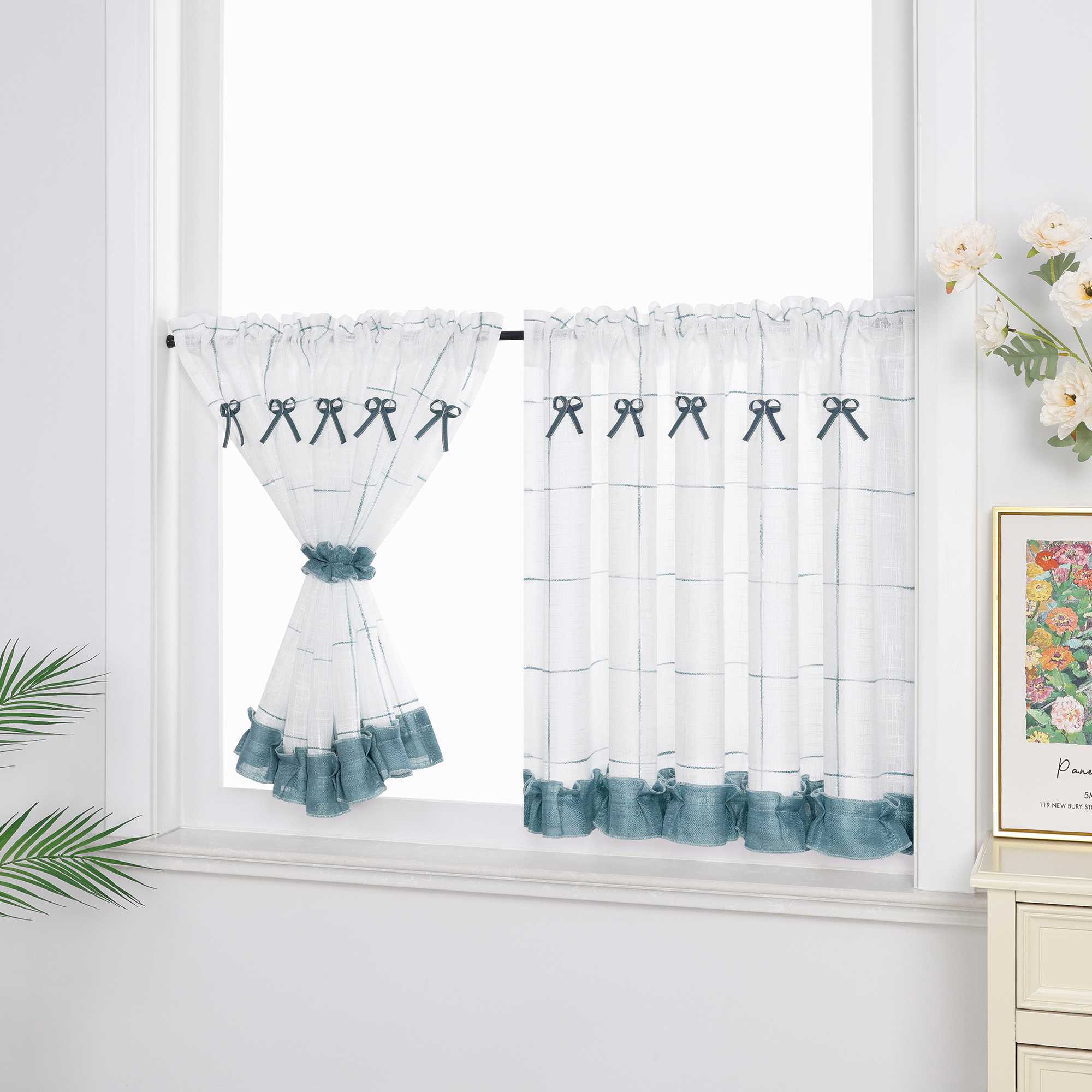 Cafe Curtains with Rod Pocket in Linen-Look Fabric with Ties 1 Piece - White, H x W 90 x 140cm