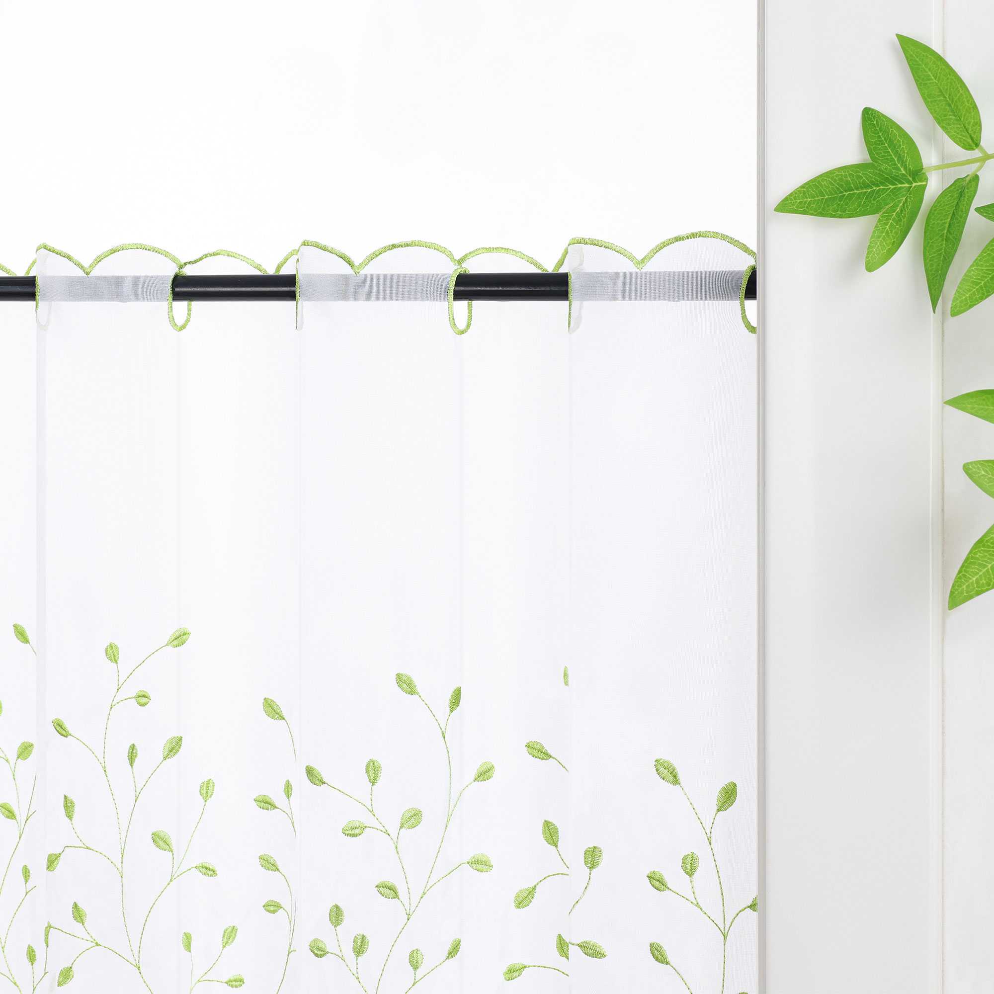 Cafe Curtain with Floral Embroidery/ Voile with Eyelet Header Country Style 1 Piece - Green, H x W 60 x 140cm