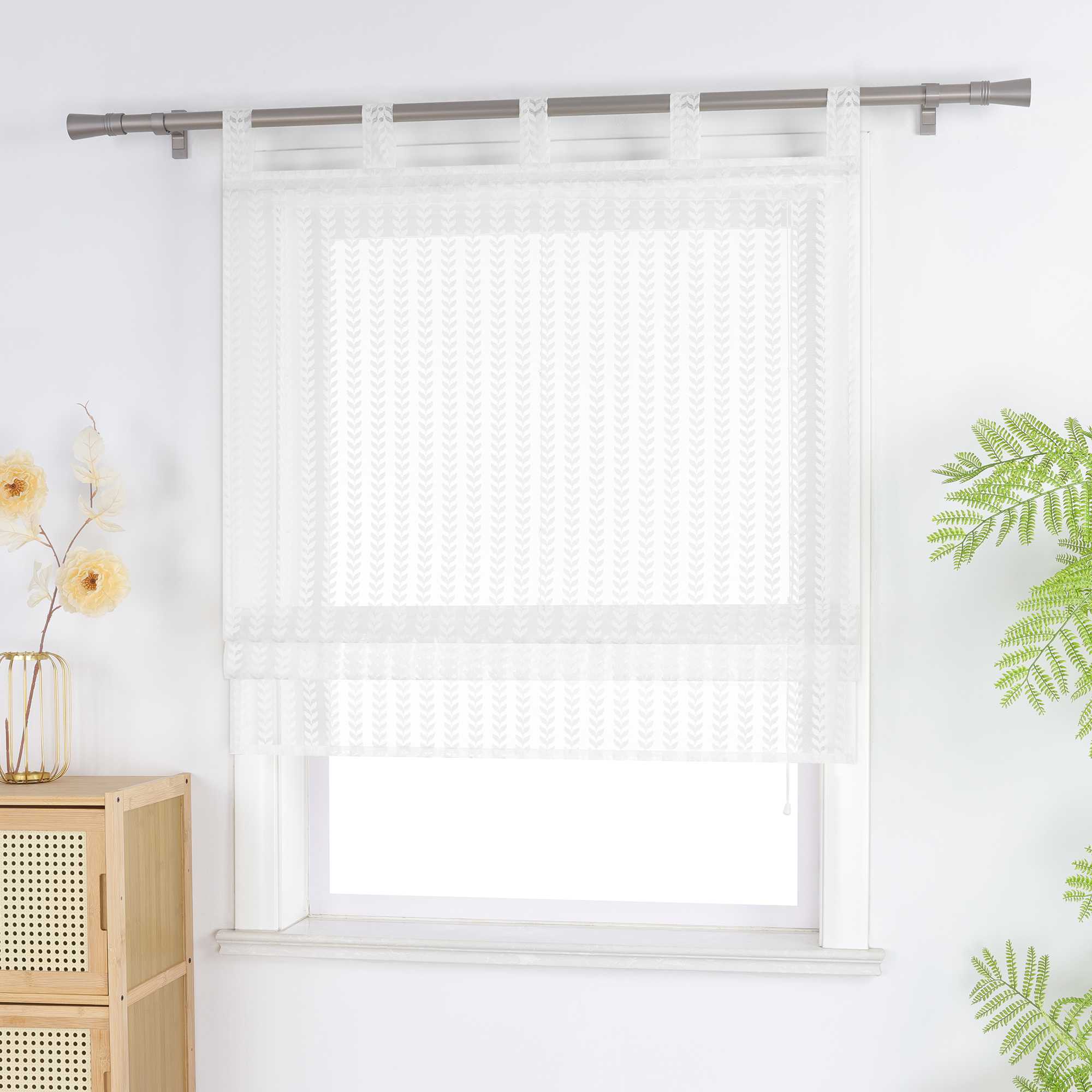 Roman Shade Sheer with Cutout Leaf Pattern and Tab-Top Hanging