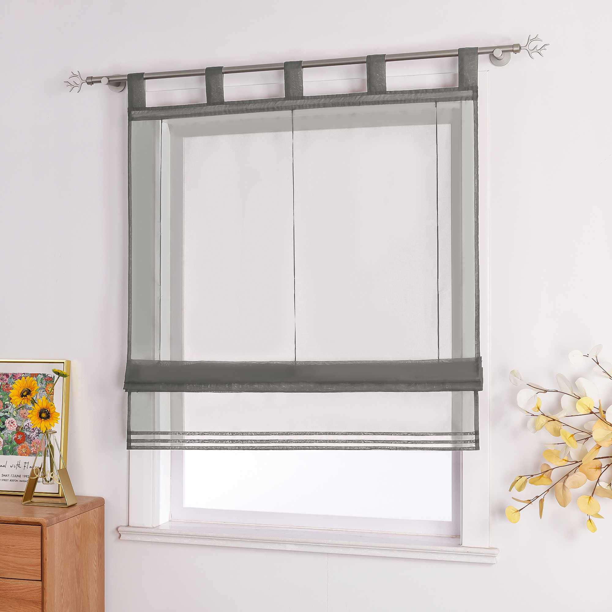 Roman Shade Tab-Top Curtain Solid Color Sheer Voile with Decorative Folds 1 Piece - Gray, H x W 155 x 60cm